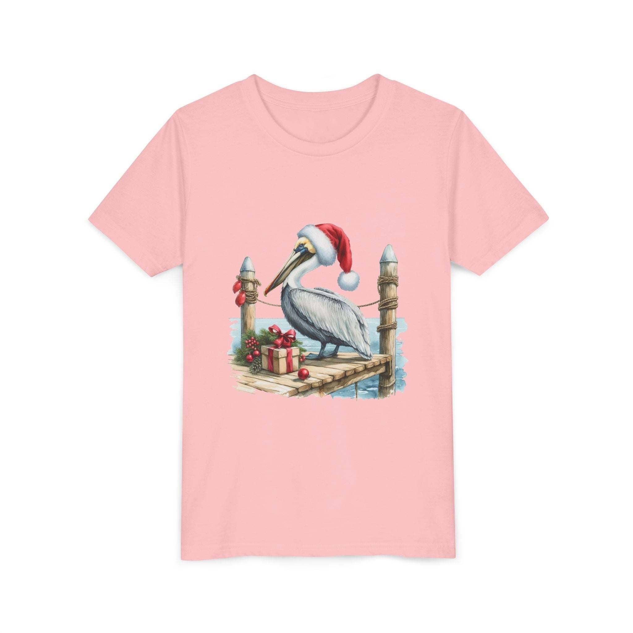 Youth pink t-shirt with pelican wearing Santa hat on pier with holiday gifts design