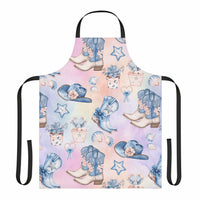 Pastel Coastal Cowgirl apron with cowboy boots, hats, and floral designs on pastel background, soft polyester canvas with black straps