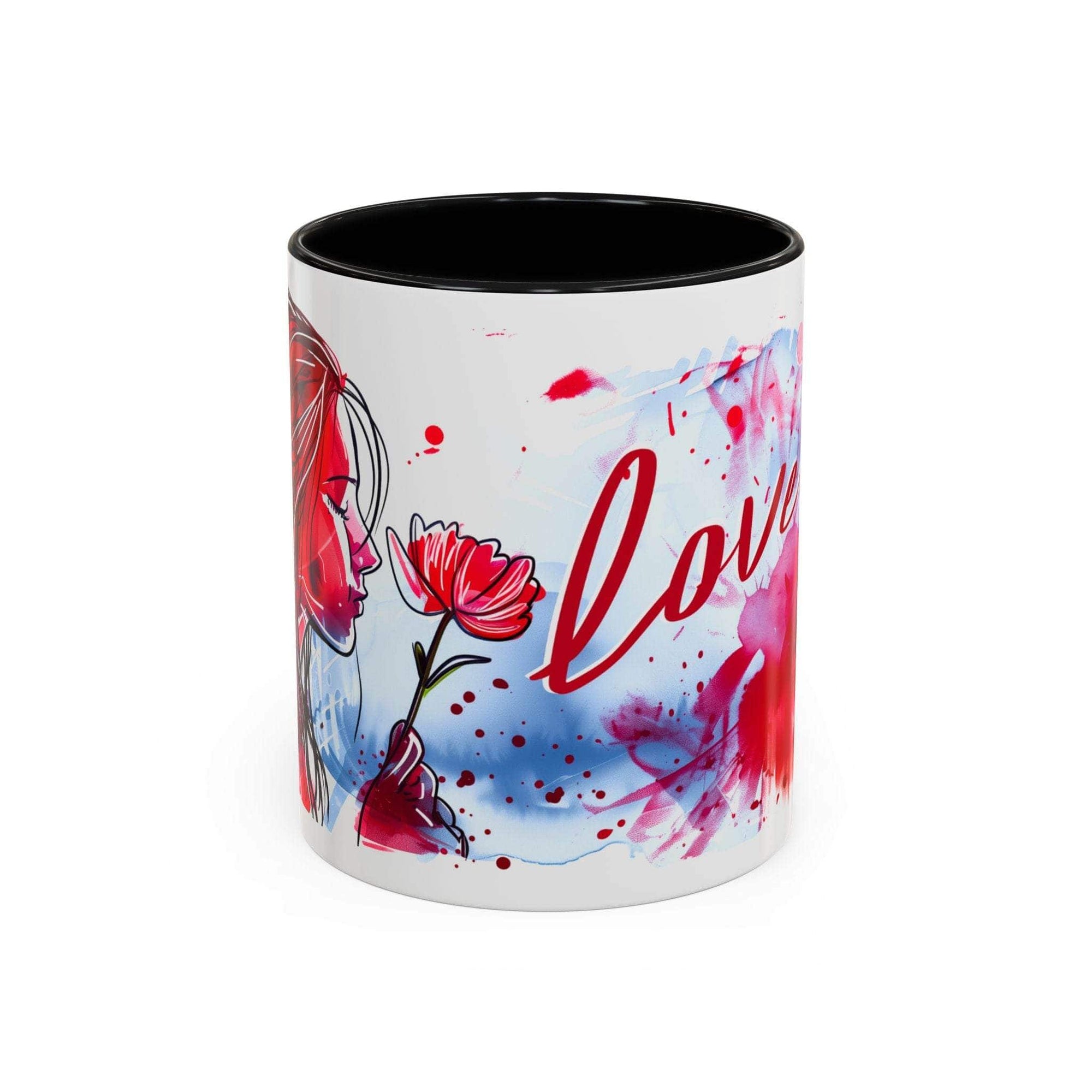 Valentines Floral Love Accent Coffee Mug with romantic heart and floral design, colored handle and interior