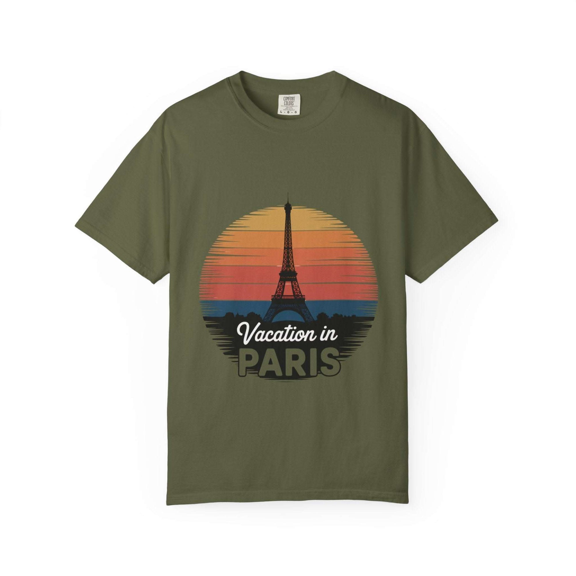 Garment-dyed red t-shirt featuring 'Vacation in Paris' graphic, by Printify, size S, soft cotton material