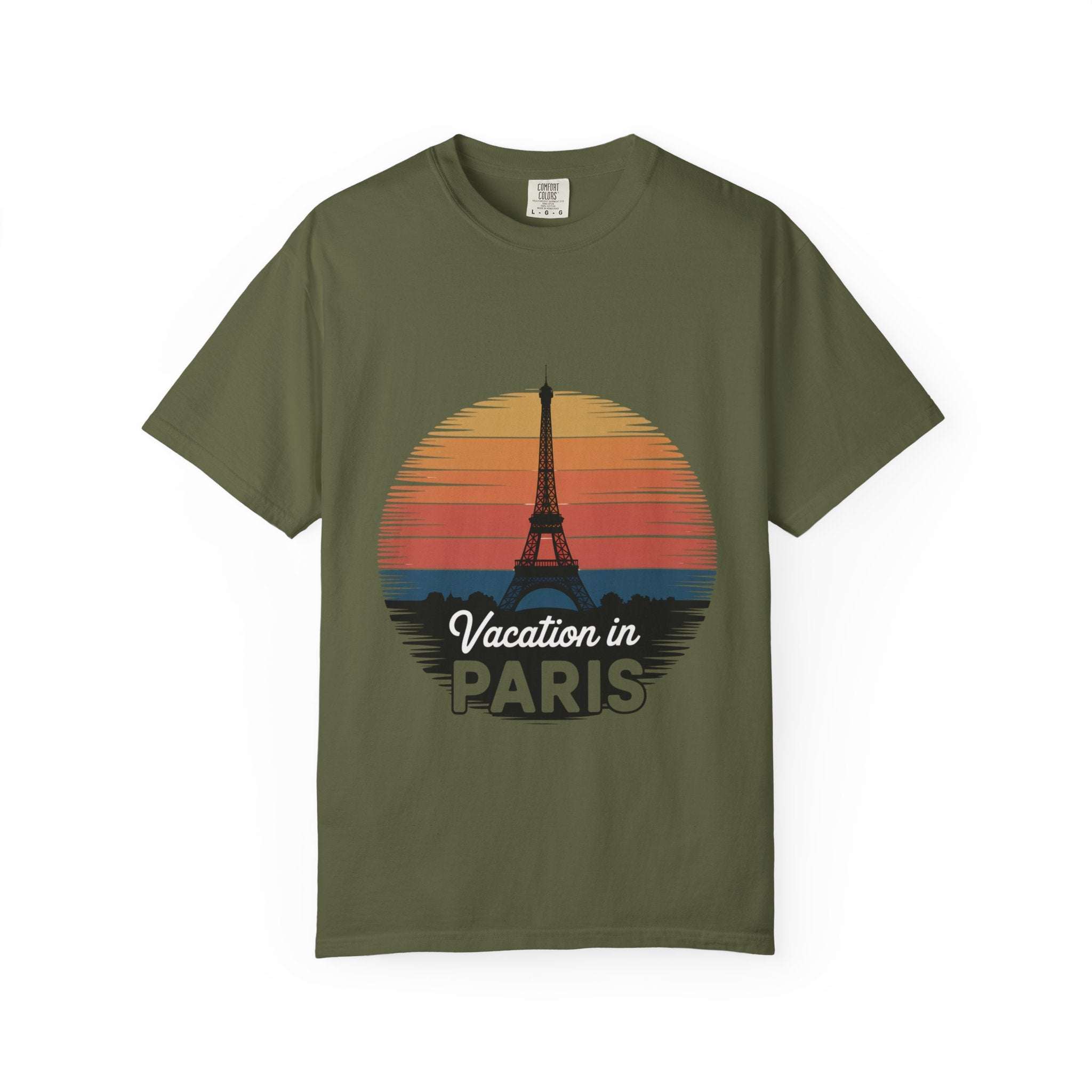 Garment-dyed red t-shirt featuring 'Vacation in Paris' graphic, by Printify, size S, soft cotton material