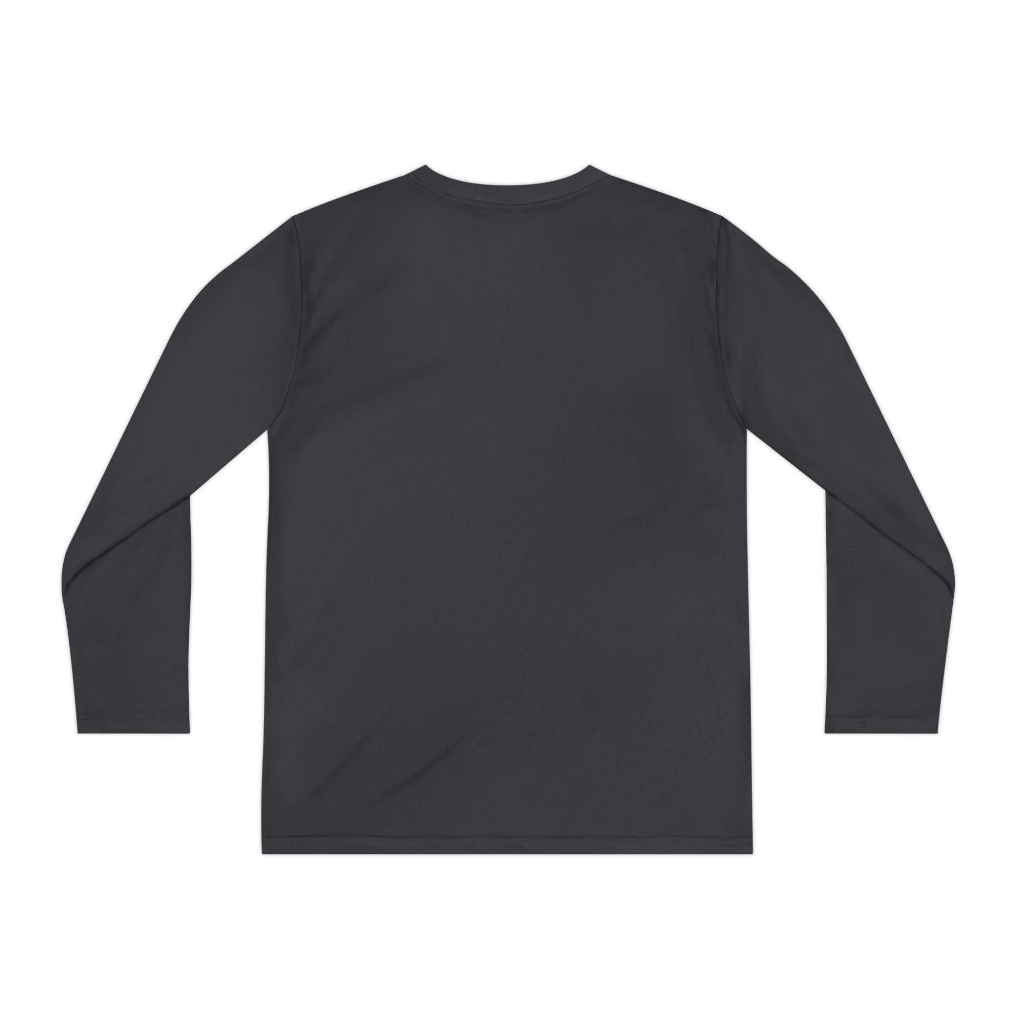 Black long sleeve youth tee with moisture-wicking fabric and athletic fit