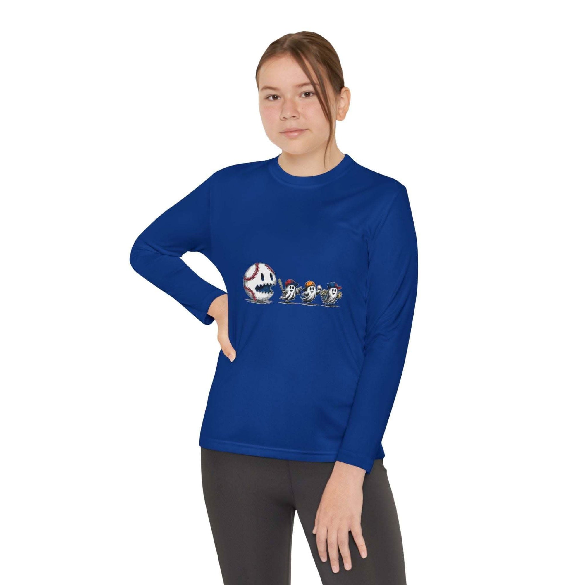 Youth Tee long sleeve shirt with baseball eating Halloween ghosts graphic on blue moisture-wicking fabric