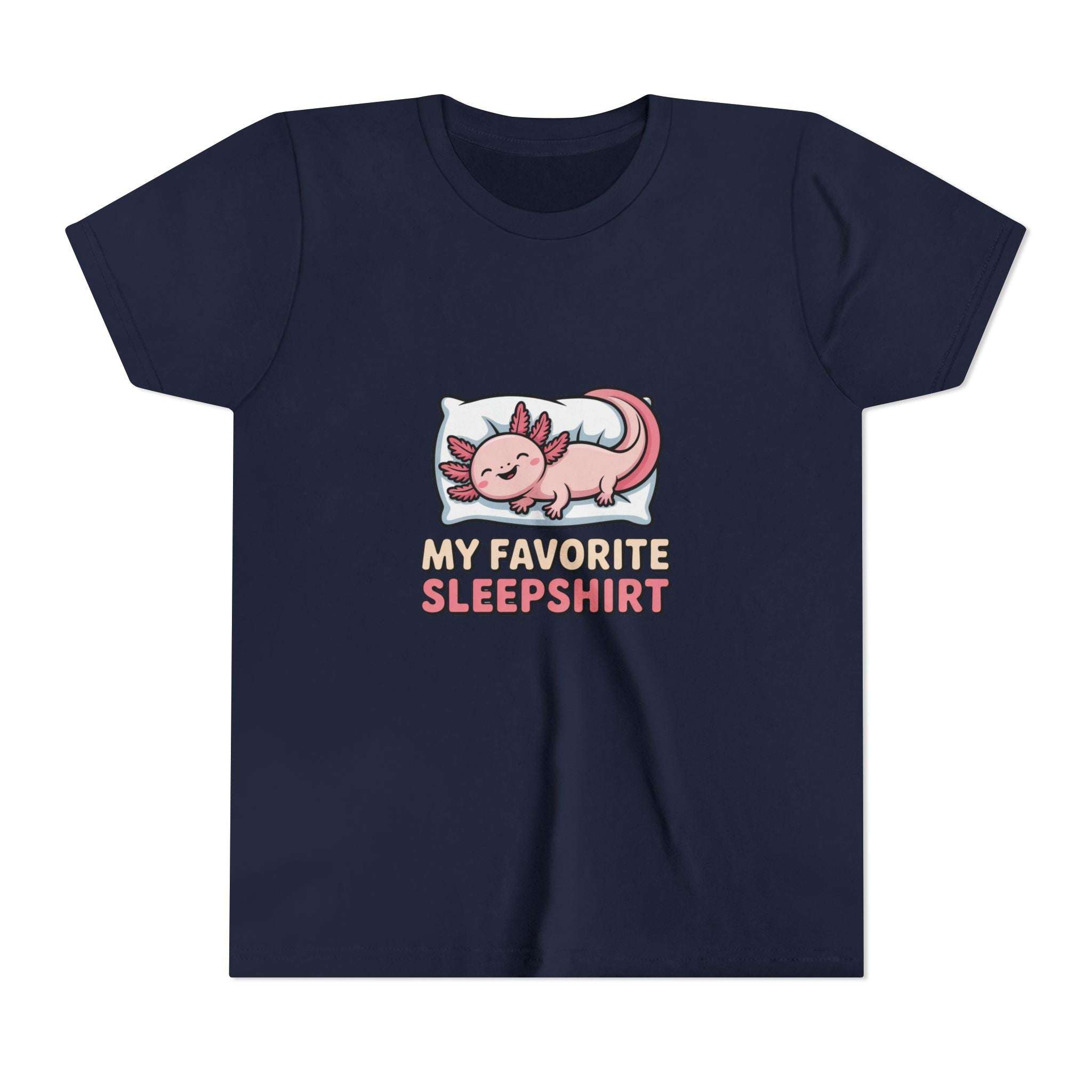 Navy blue t-shirt with axolotl graphic and text 'My Favorite Sleepshirt' on a white background