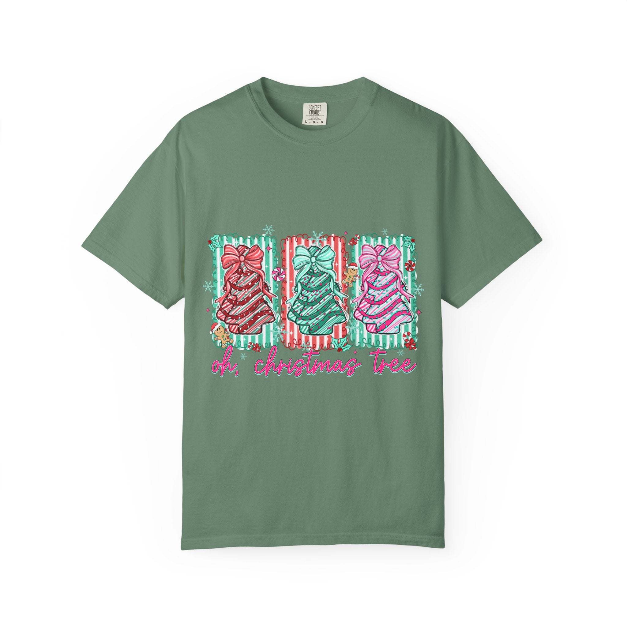 Preppy Oh Christmas Tree T-shirt with colorful holiday tree design on green garment-dyed fabric