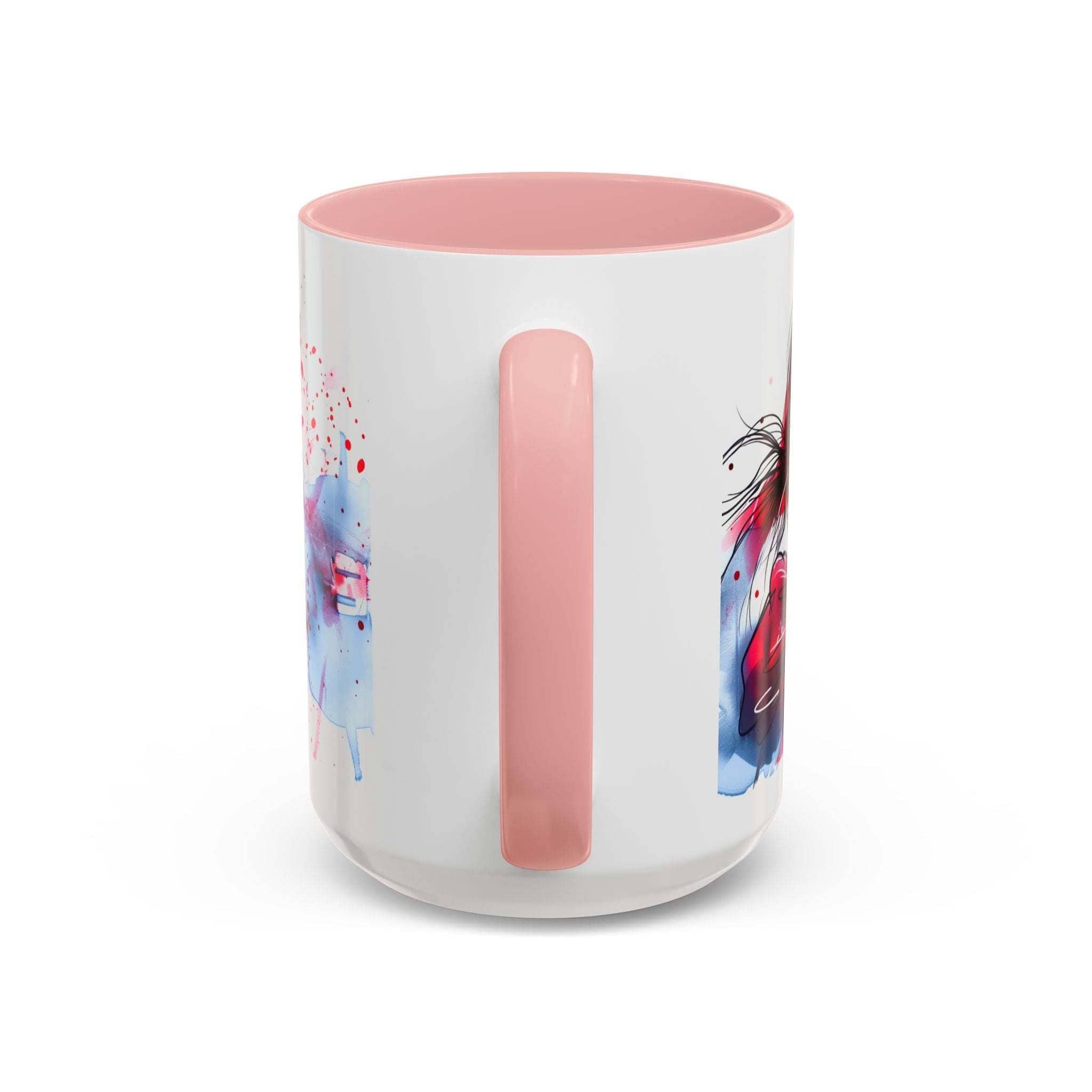 Valentines Floral Love Accent Coffee Mug with pink handle and interior, floral and heart design, white ceramic, 11/15oz, romantic theme