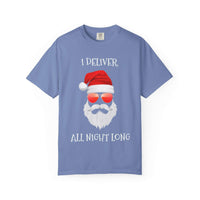 Espresso cotton t-shirt featuring 'Santa I Deliver All Night Long' print, holiday-themed design by Printify