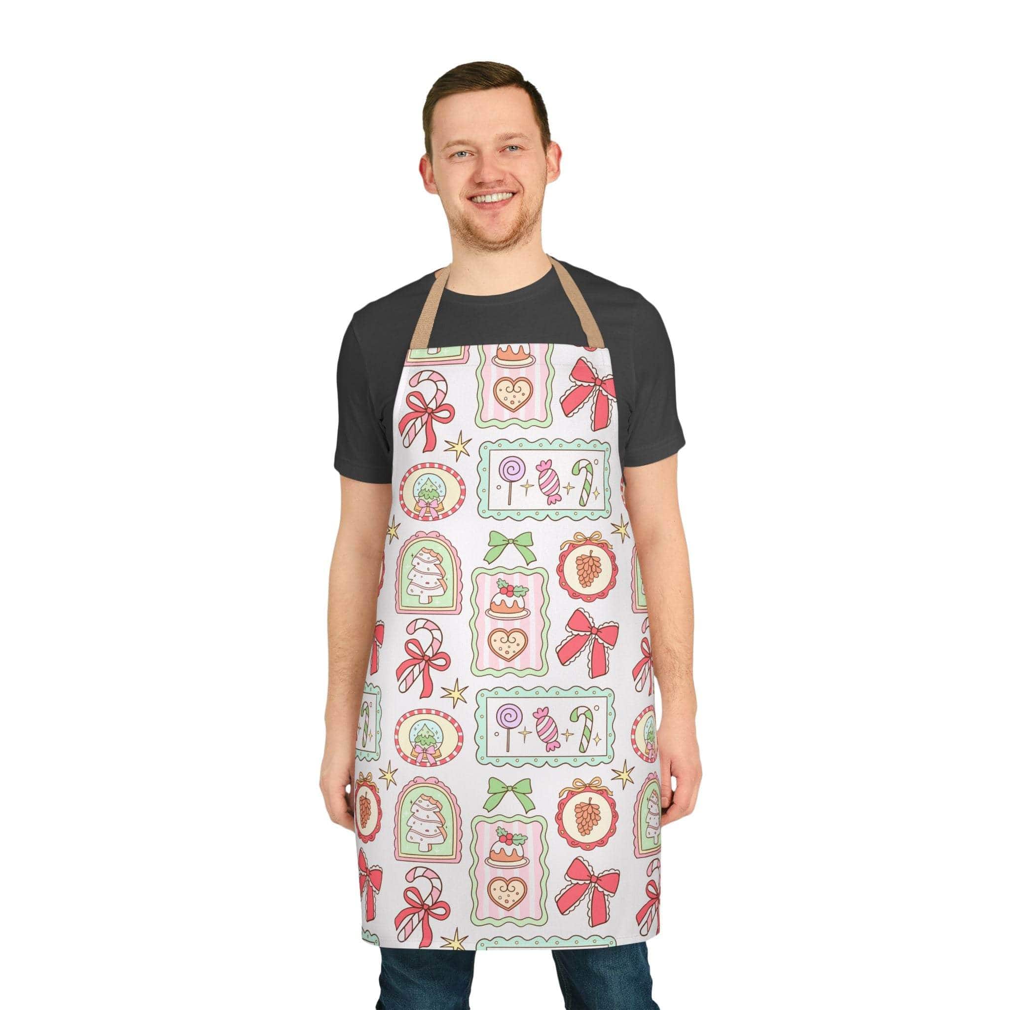 Man wearing Retro Christmas Frames and Bows apron with festive holiday designs and beige straps