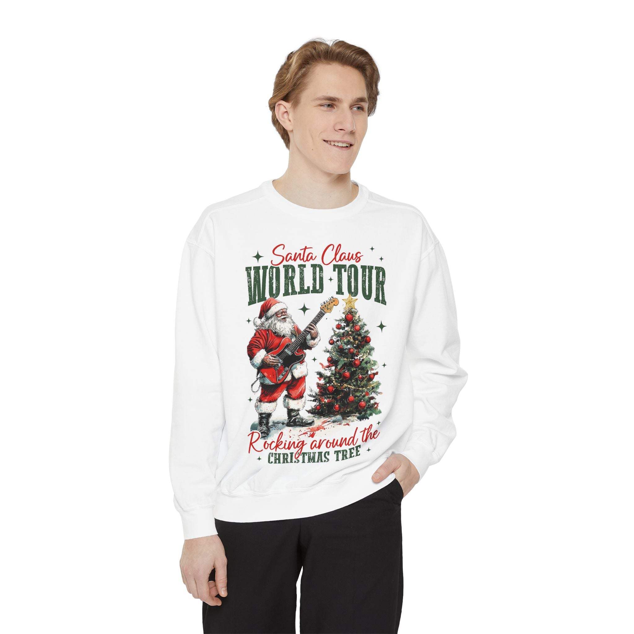 Man wearing white Sweatshirt Rocking Santa with Santa Claus playing guitar and Christmas tree design