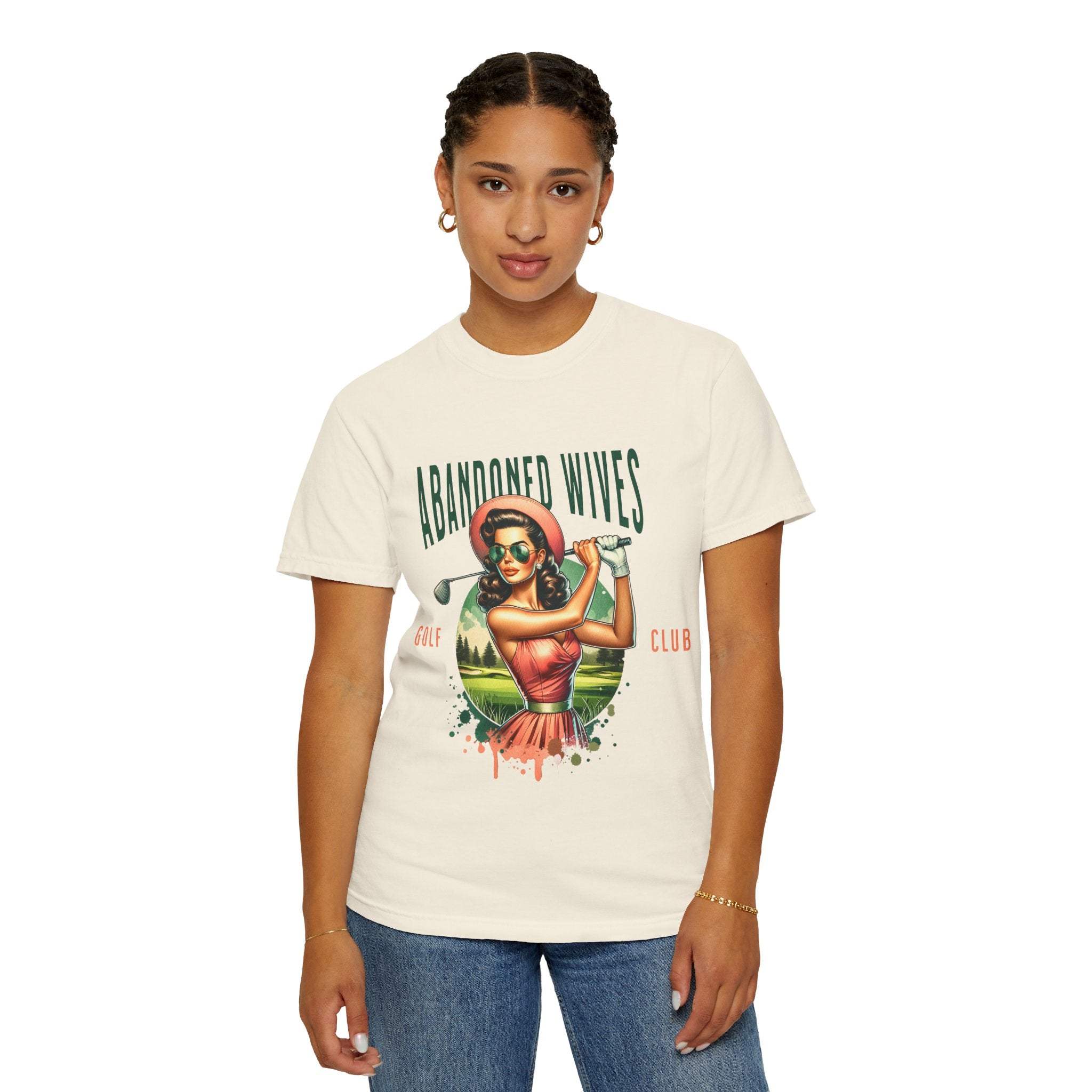 Vintage unisex T-shirt with Abandoned Wives Golf Club retro design modeled by woman
