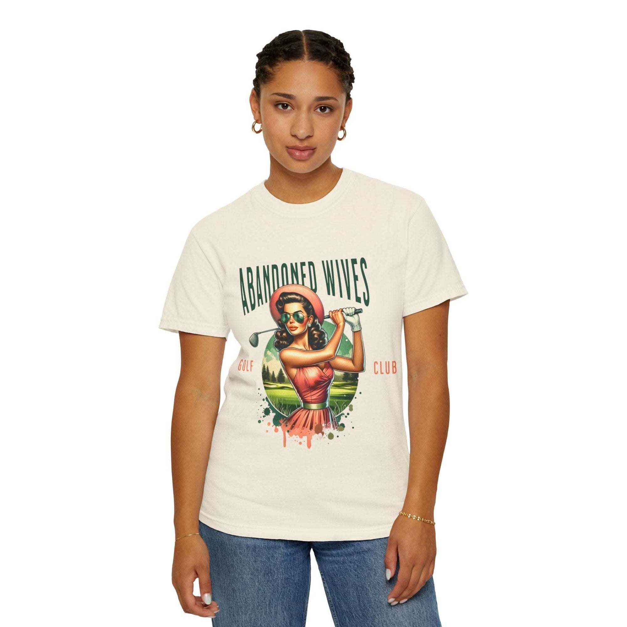 Vintage unisex T-shirt with Abandoned Wives Golf Club retro design modeled by woman
