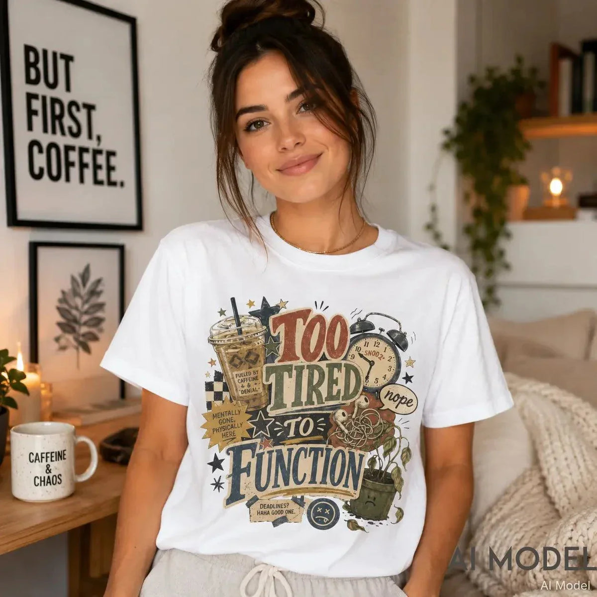 Too Tired to Function graphic tee featuring retro alarm clock, iced coffee, tangled wires, and wilting plant on heavyweight cotton shirt