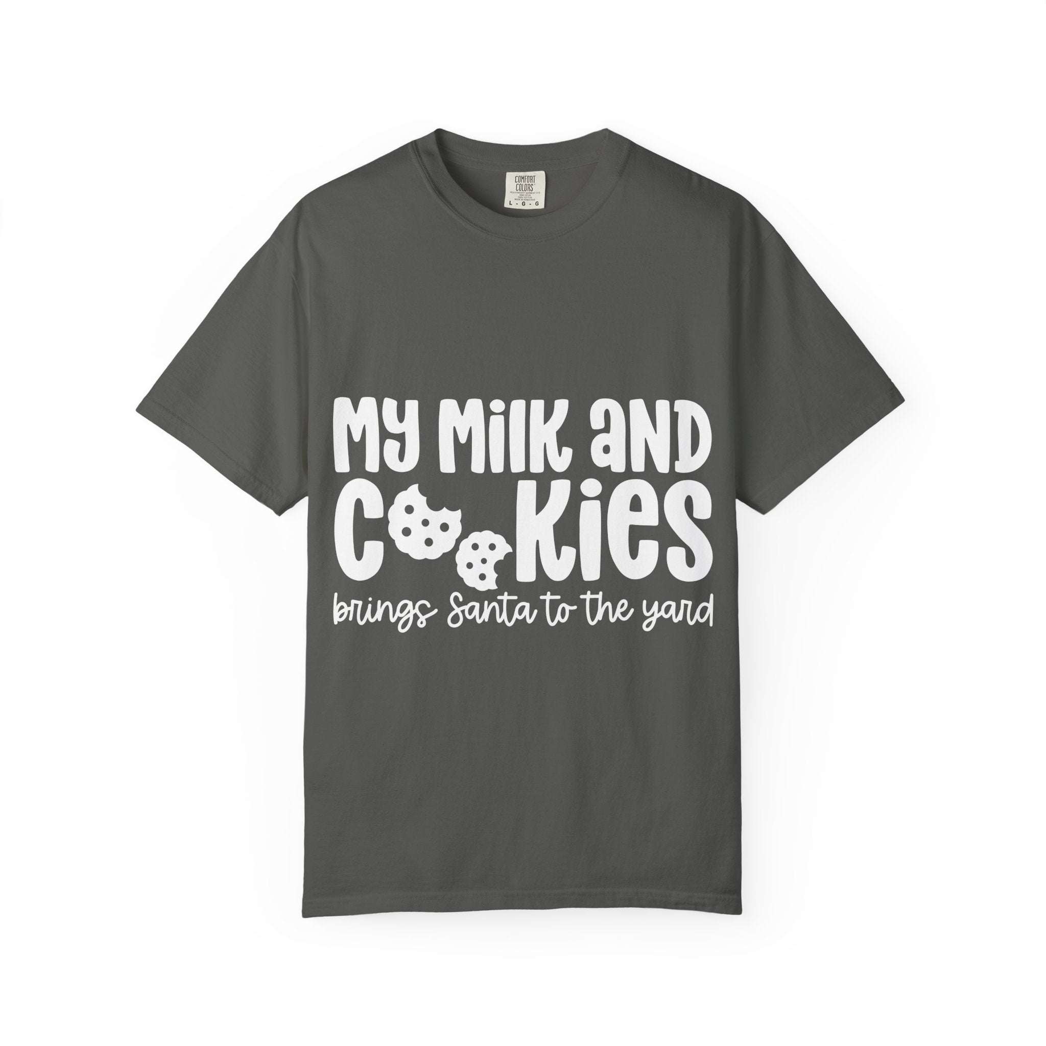Black t-shirt featuring 'My Milk and Cookies Bring Santa to the Yard' design by Printify