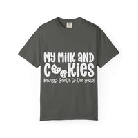 Black t-shirt featuring 'My Milk and Cookies Bring Santa to the Yard' design by Printify
