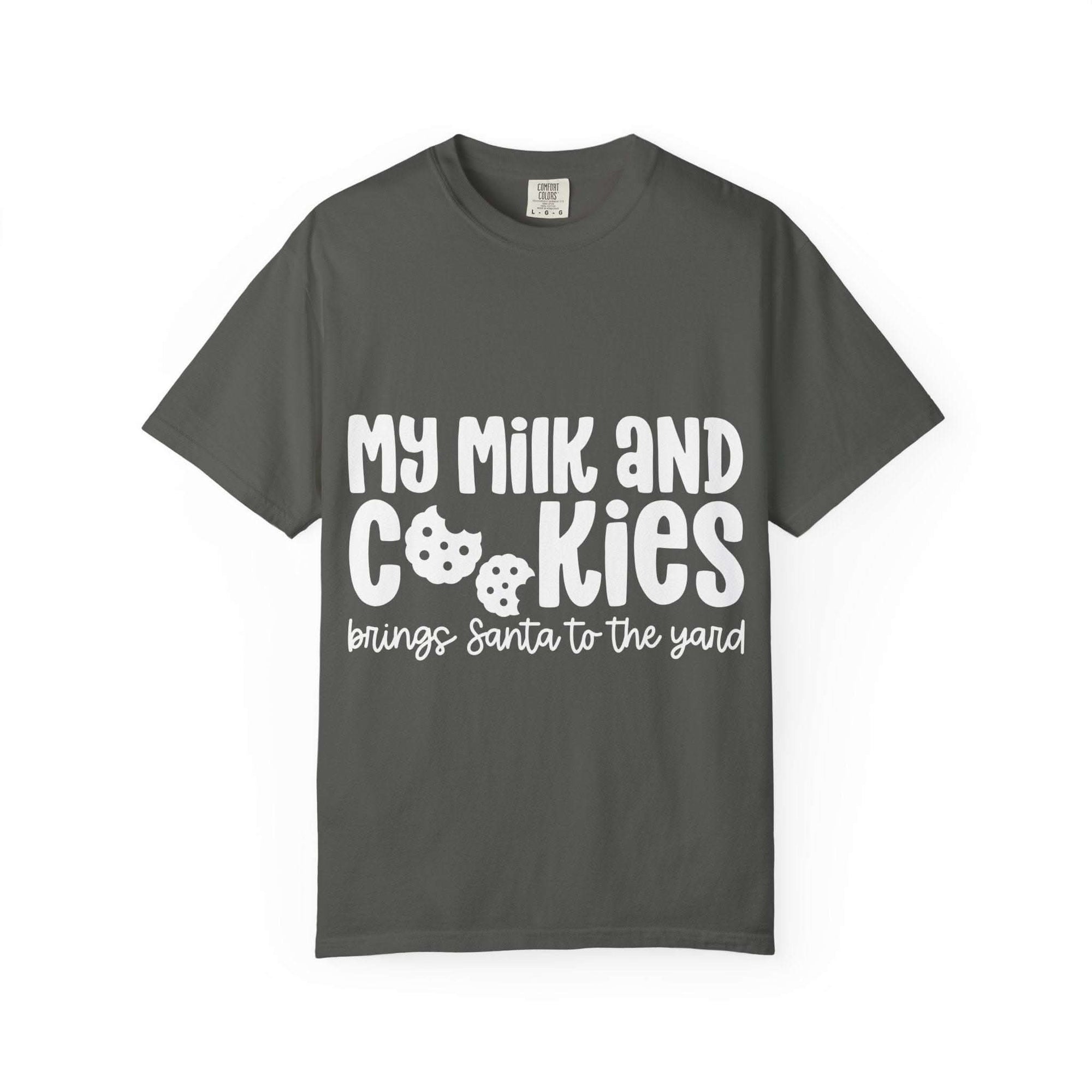 Black t-shirt featuring 'My Milk and Cookies Bring Santa to the Yard' design by Printify