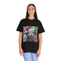 Retro Santa Highland Cow T-shirt with festive cow graphic on black cotton shirt worn by smiling woman