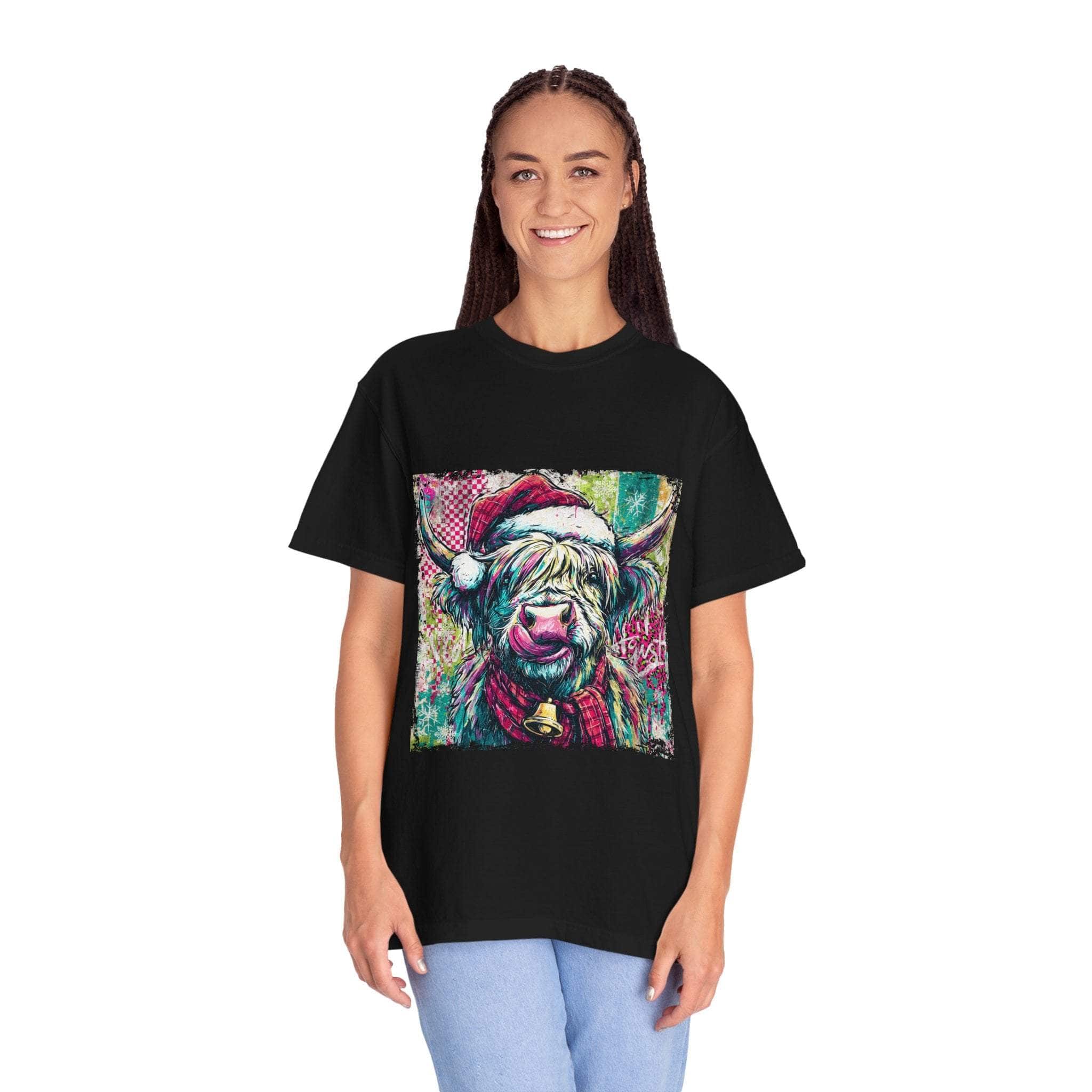 Retro Santa Highland Cow T-shirt with festive cow graphic on black cotton shirt worn by smiling woman