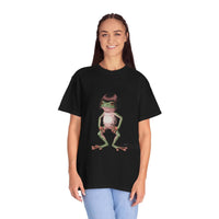 Frog with bob haircut meme printed on relaxed vintage-style t-shirt