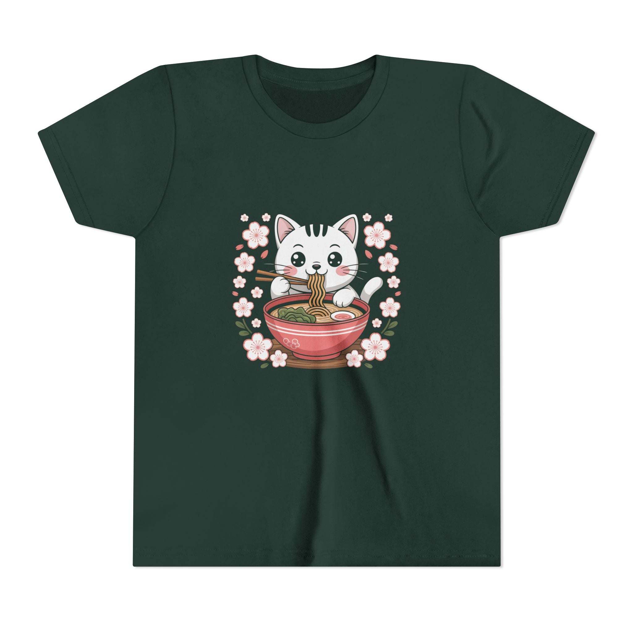 Kawaii cat eating ramen bowl on youth short sleeve tee