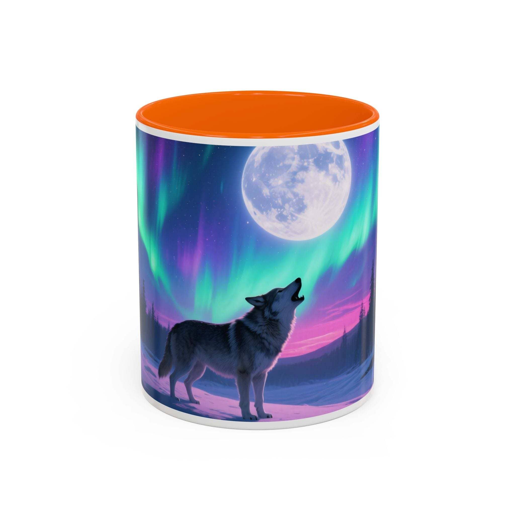 Mug with a wolf and moon design on a white background