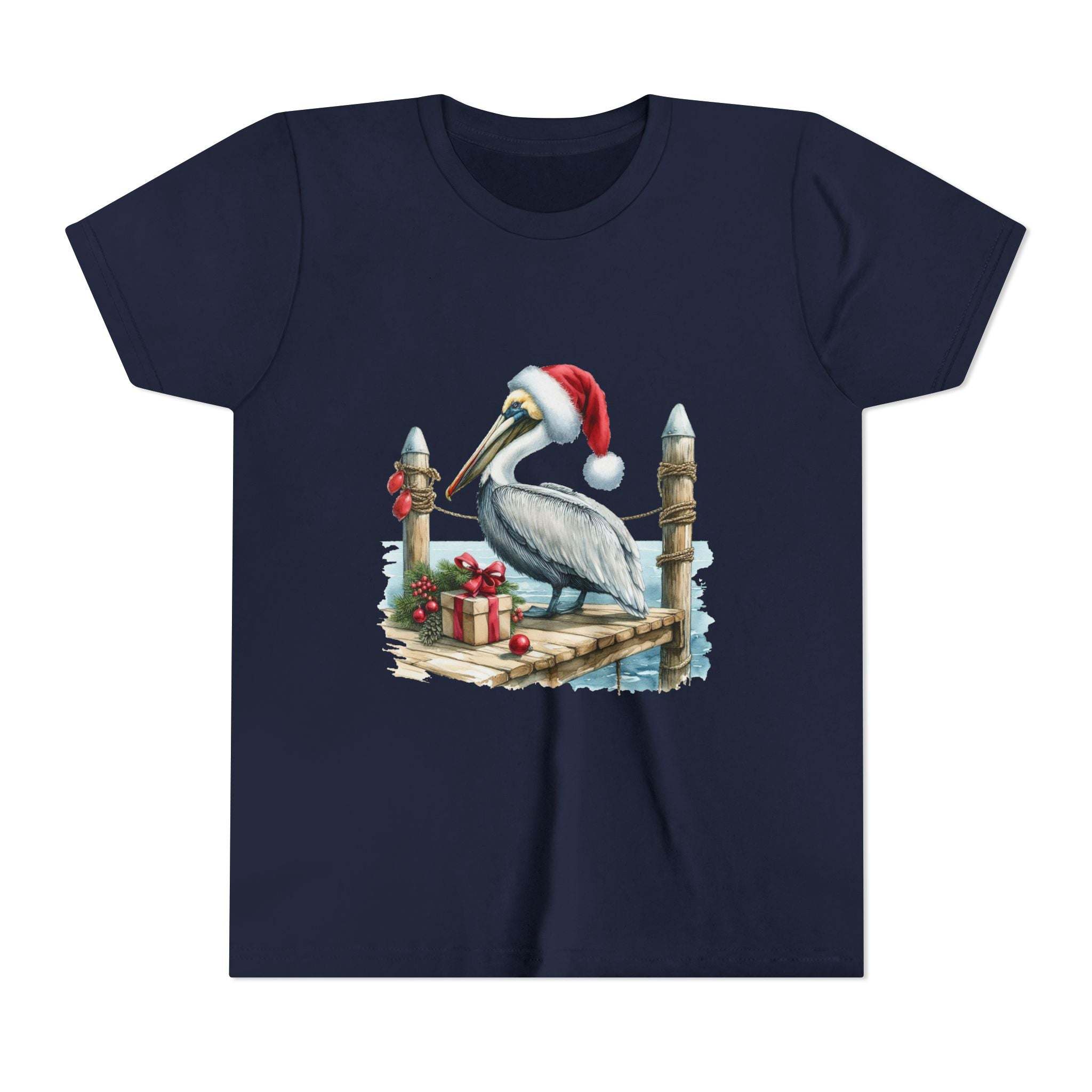 Navy blue t-shirt with a Christmas pelican design on a white background