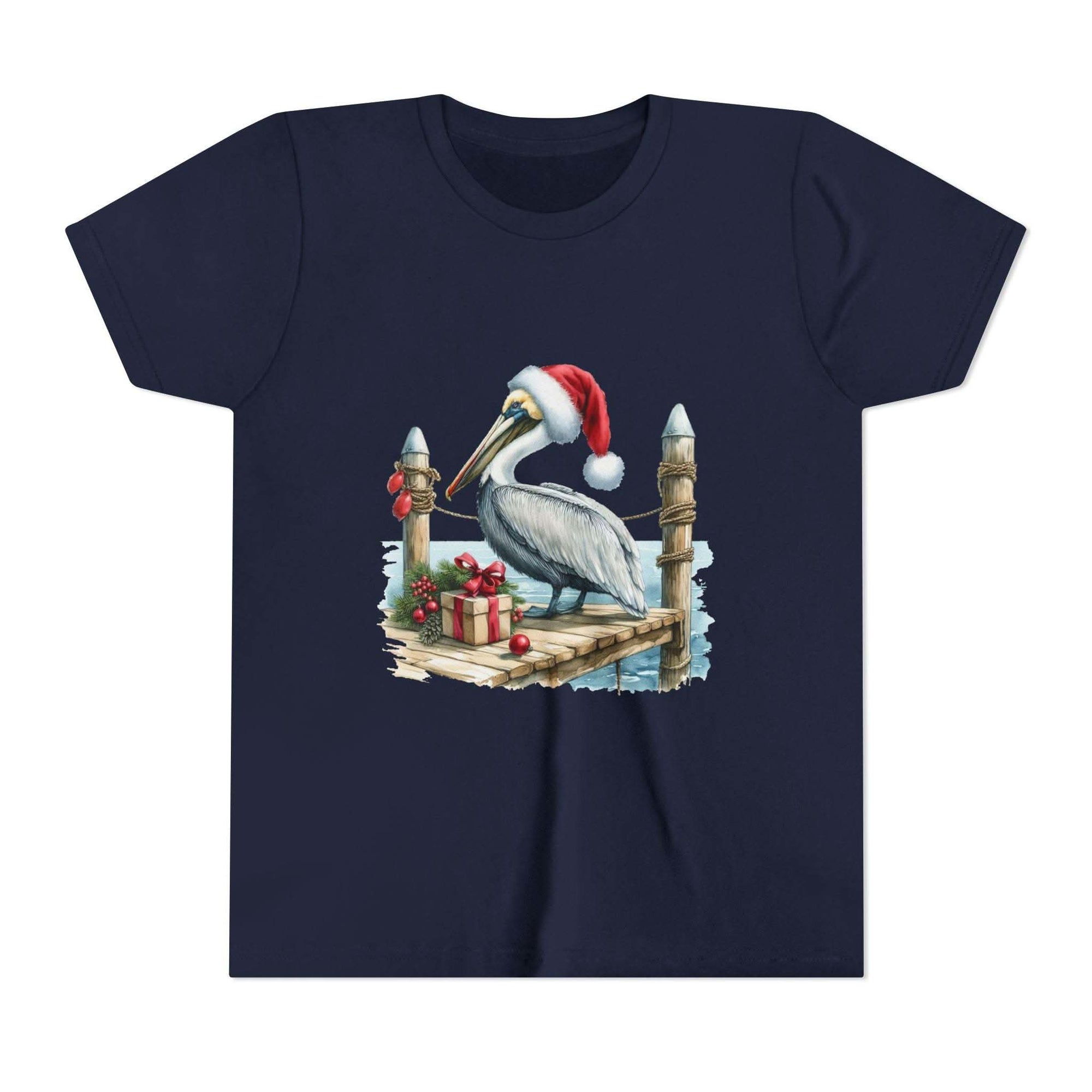 Navy blue t-shirt with a Christmas pelican design on a white background