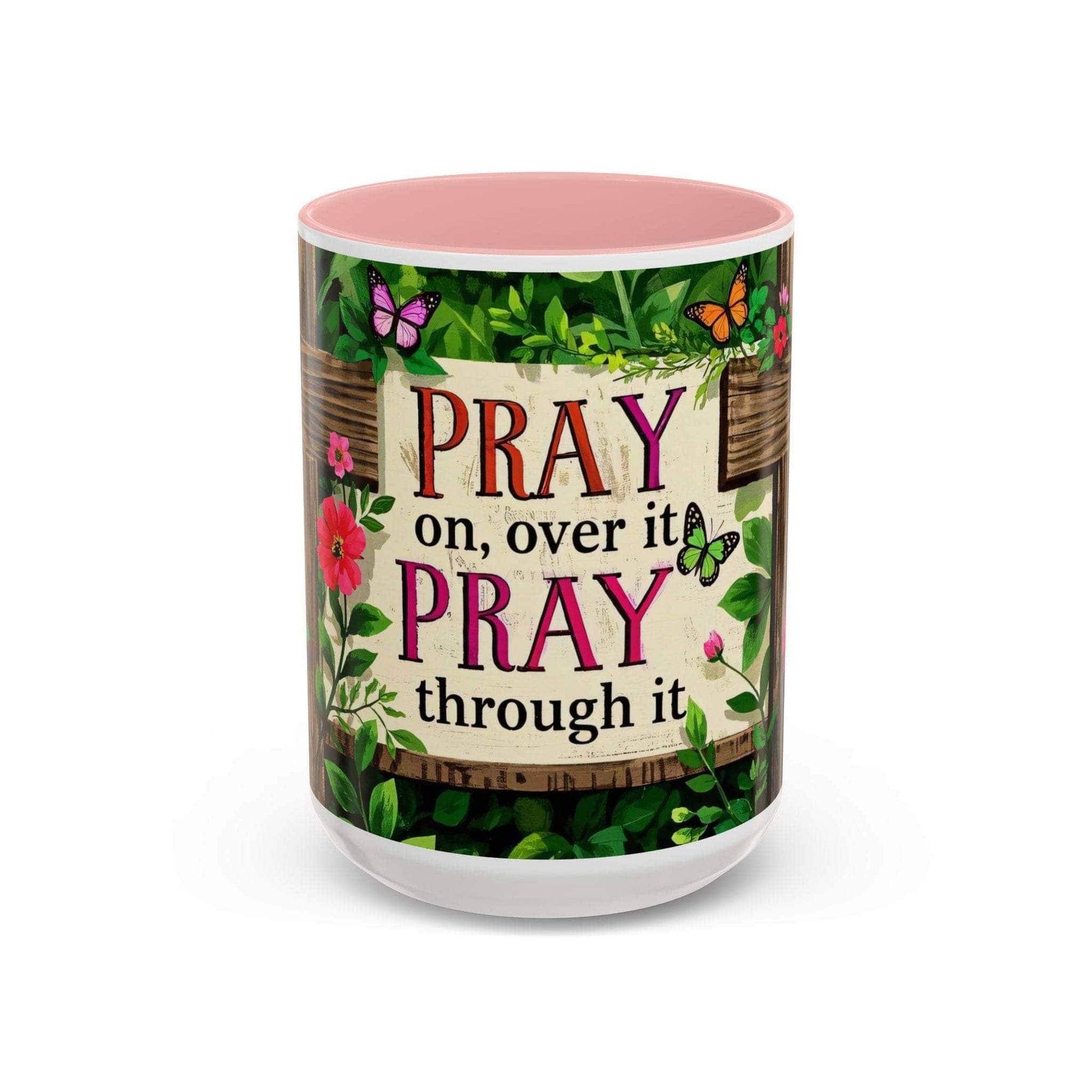 Mug with floral design and motivational quote on a white background