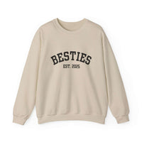 Beige sweatshirt with 'BESTIES EST. 2025' text on a white background