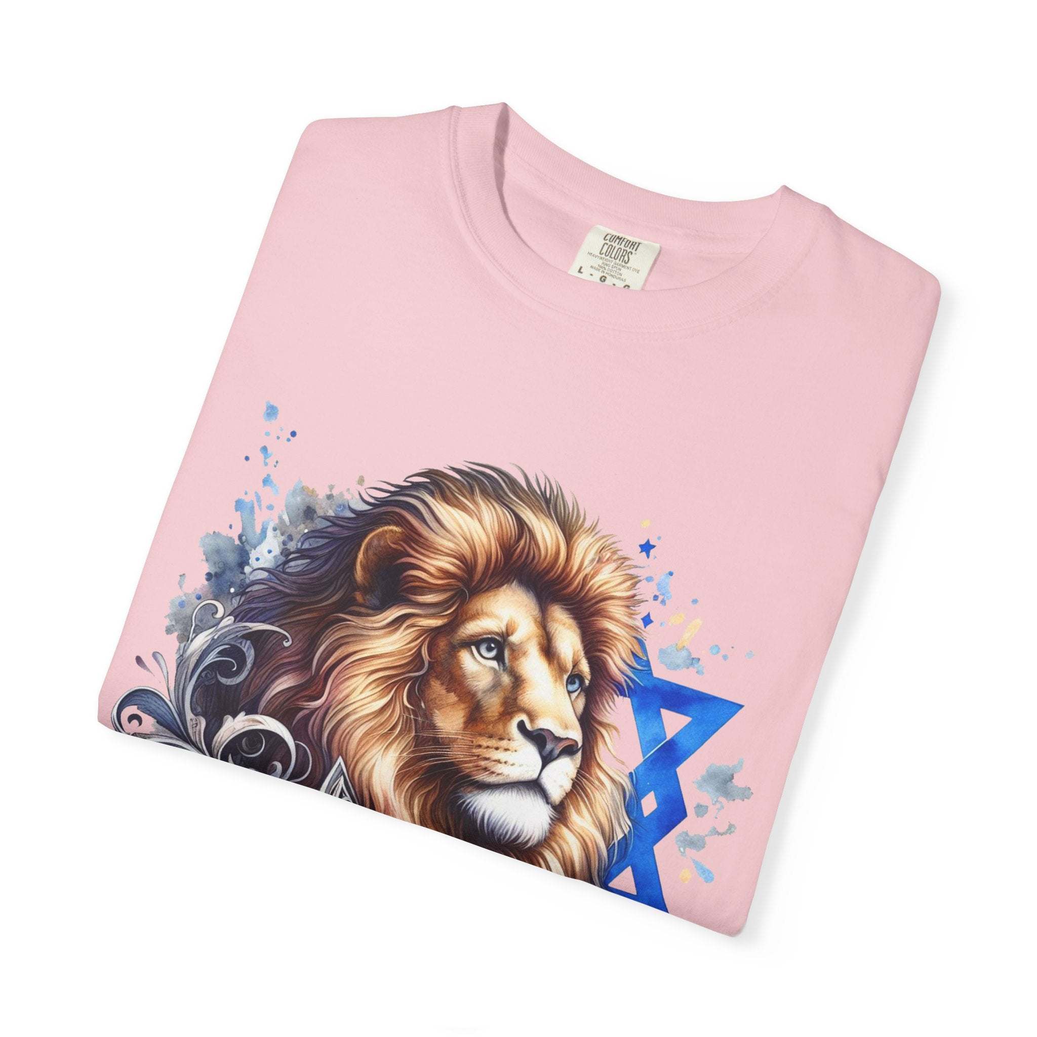Lion of Judah T-Shirt with bold chest graphic symbolizing Jewish pride and heritage in soft garment-dyed cotton.