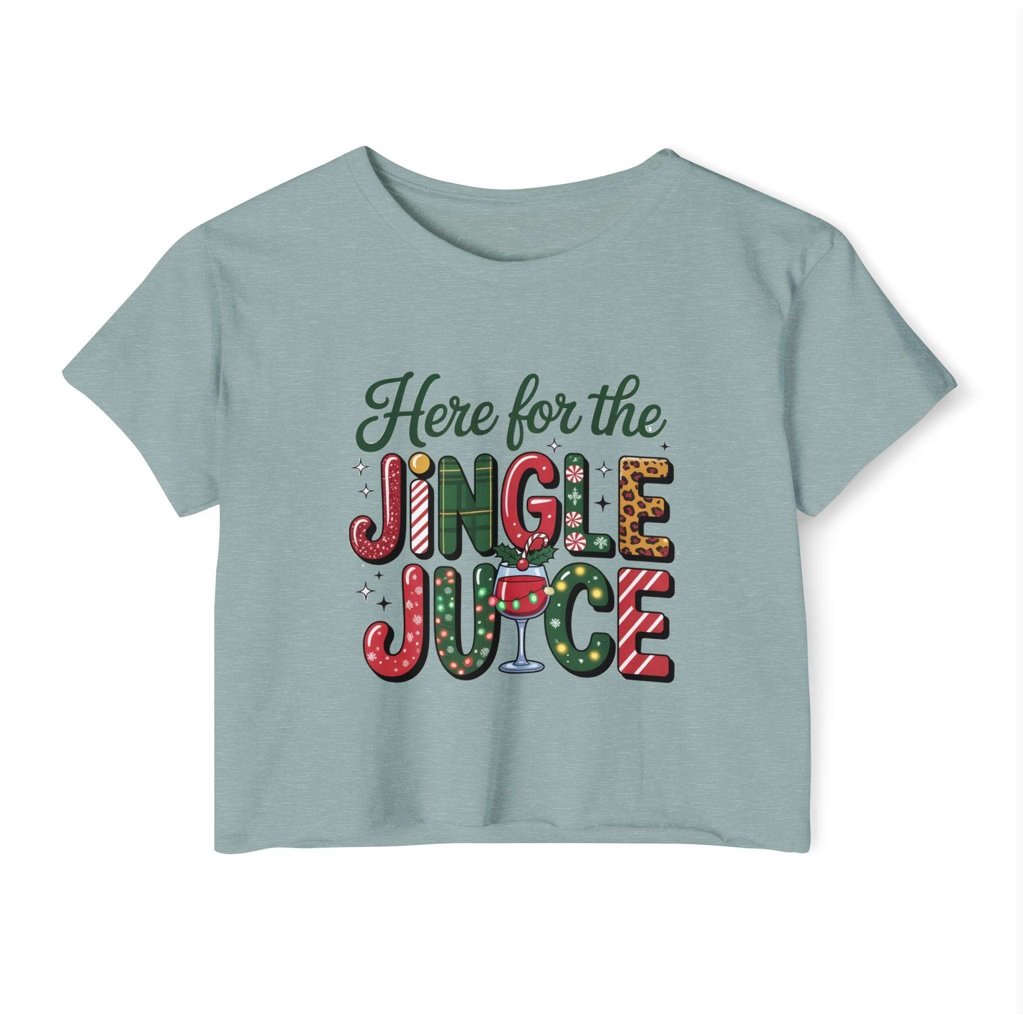 Women's white crop top t-shirt with festive graphic print, 'Here For The Jingle Juice' by Printify