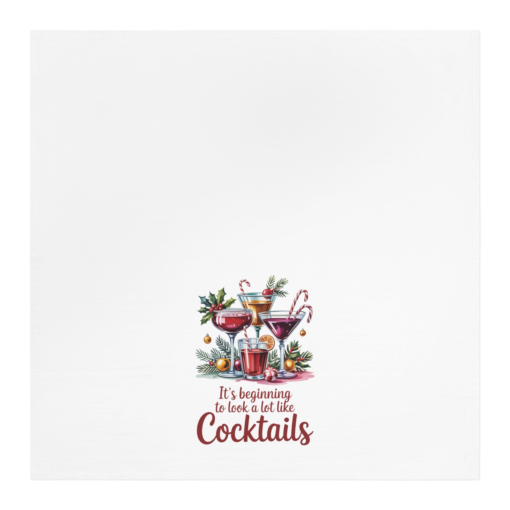 White tea towel with festive cocktail glasses and "It's beginning to look a lot like cocktails" text design