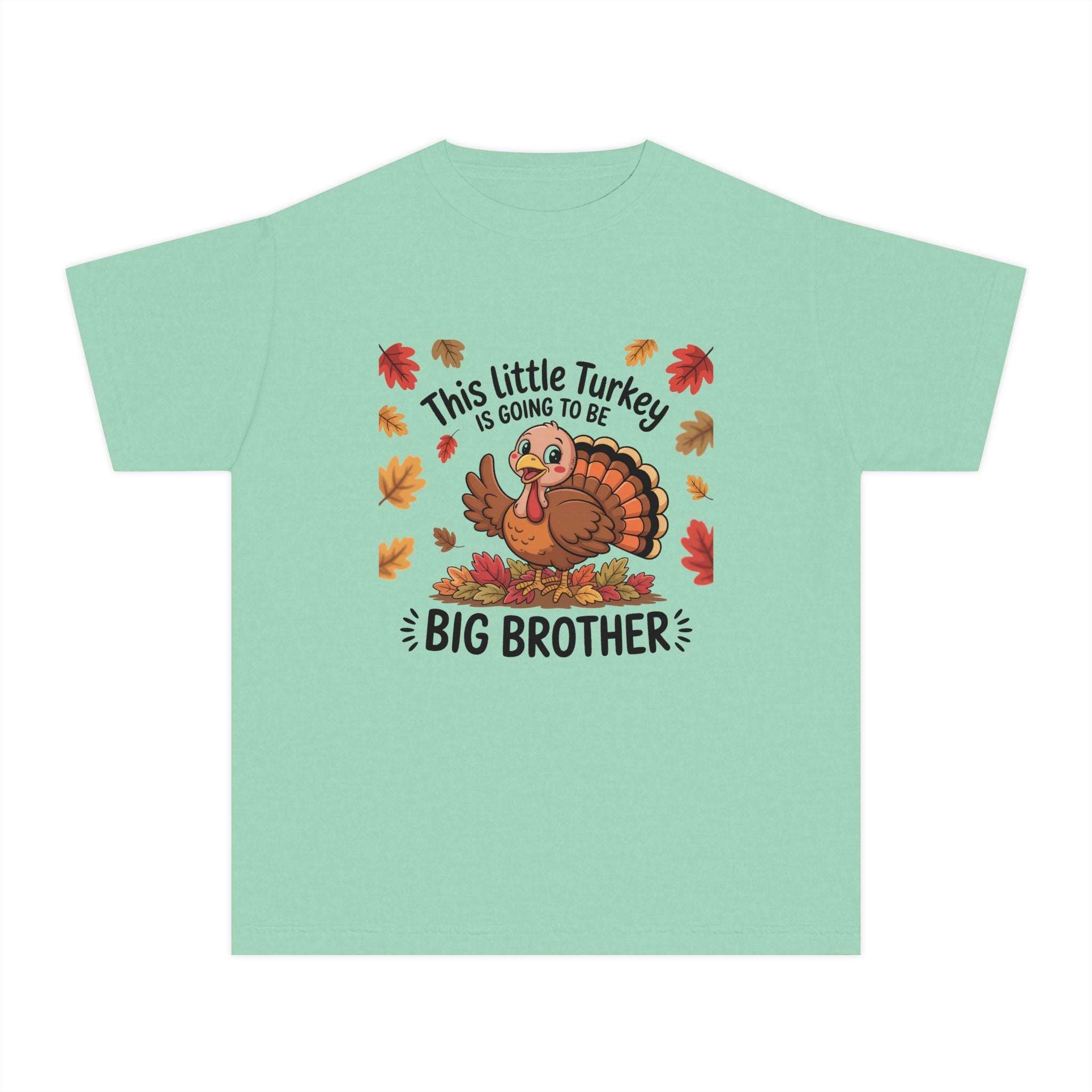 Youth Tee Big Brother Thanksgiving announcement shirt with cartoon turkey and autumn leaves design on green background