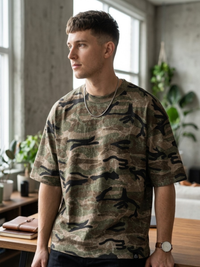 Unisex boxy oversized camo print cotton t-shirt with drop shoulders and round neck for streetwear style