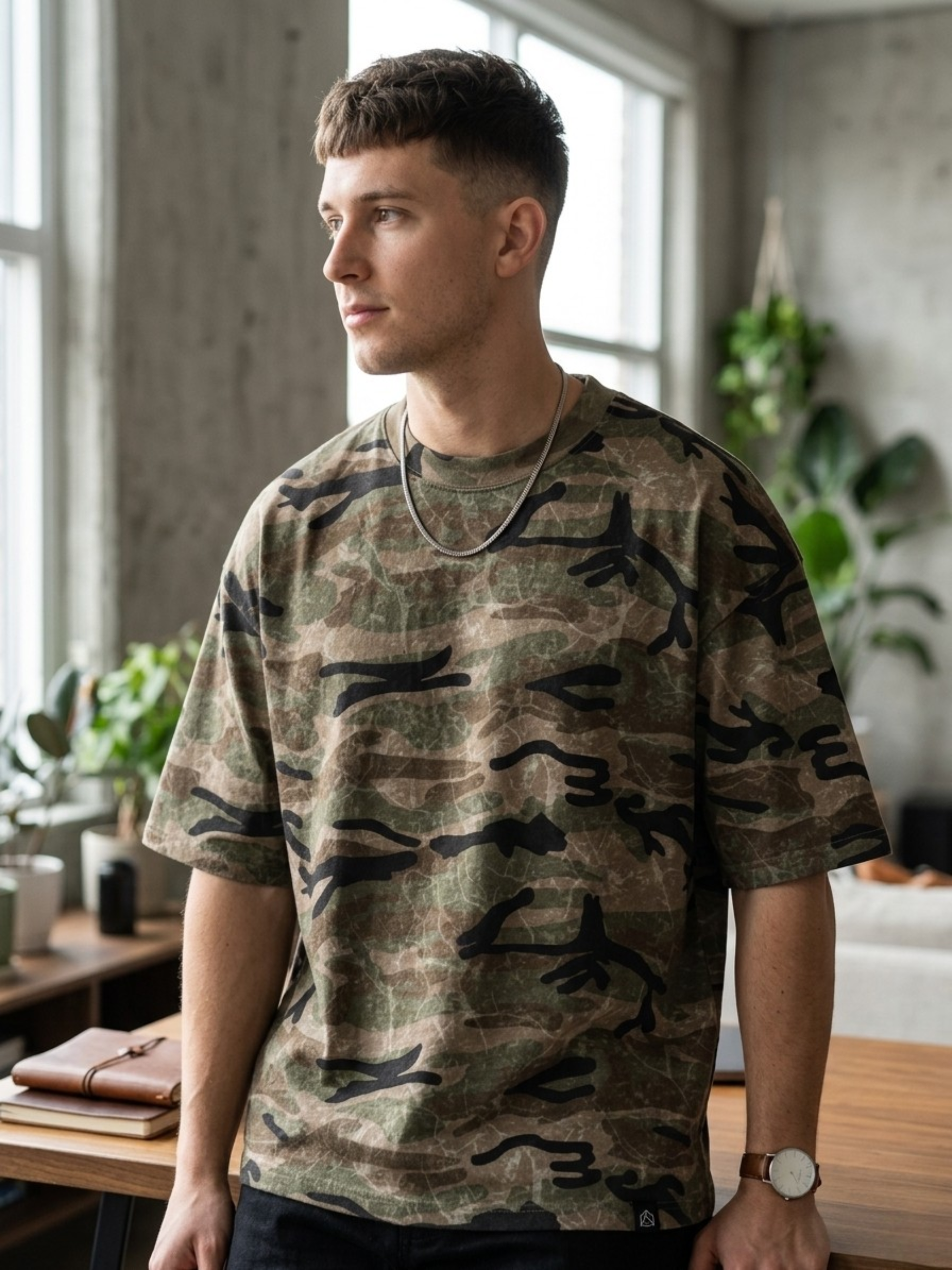 Unisex boxy oversized camo print cotton t-shirt with drop shoulders and round neck for streetwear style