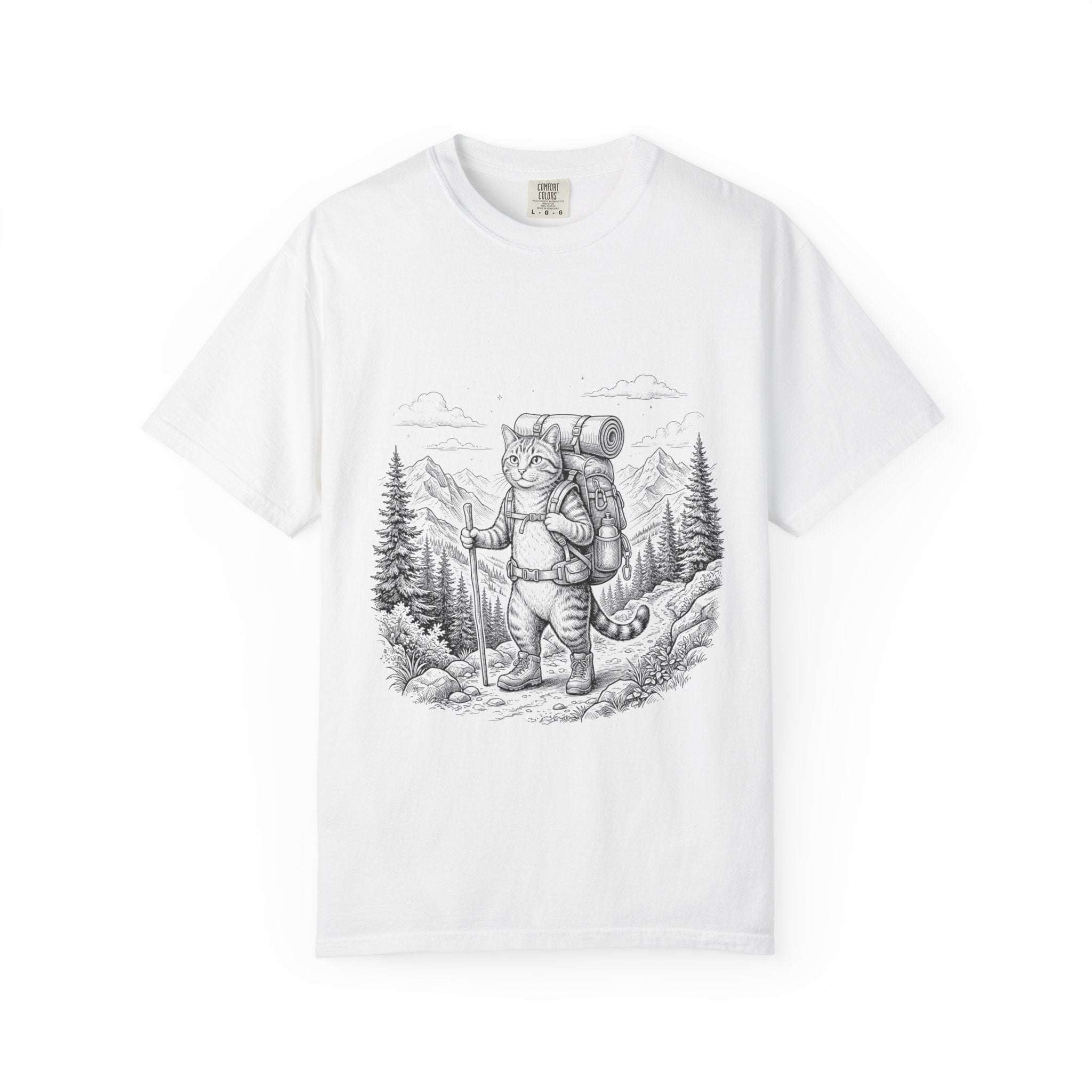 Cat Hiker Illustration T-shirt | Mountain Camping Adventure, Forest Sketch