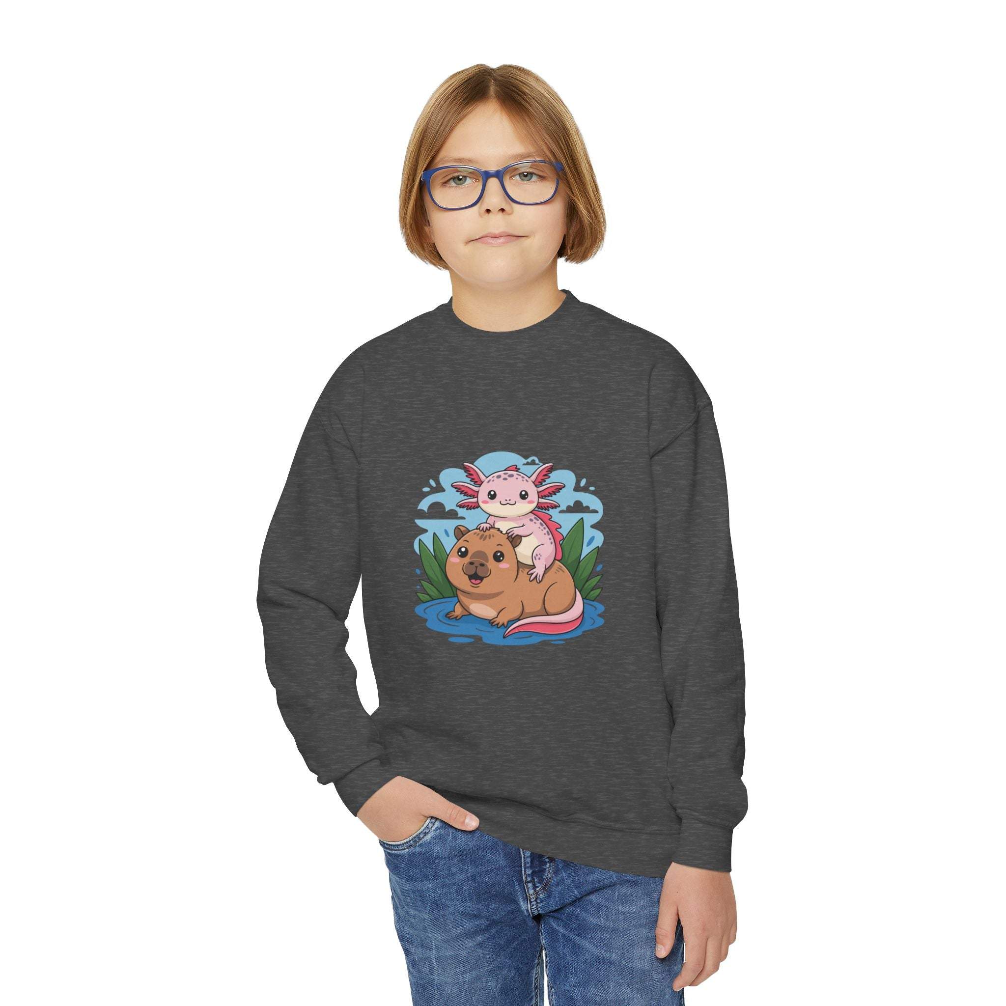 Child wearing a dark gray sweatshirt with a colorful graphic design on a white background