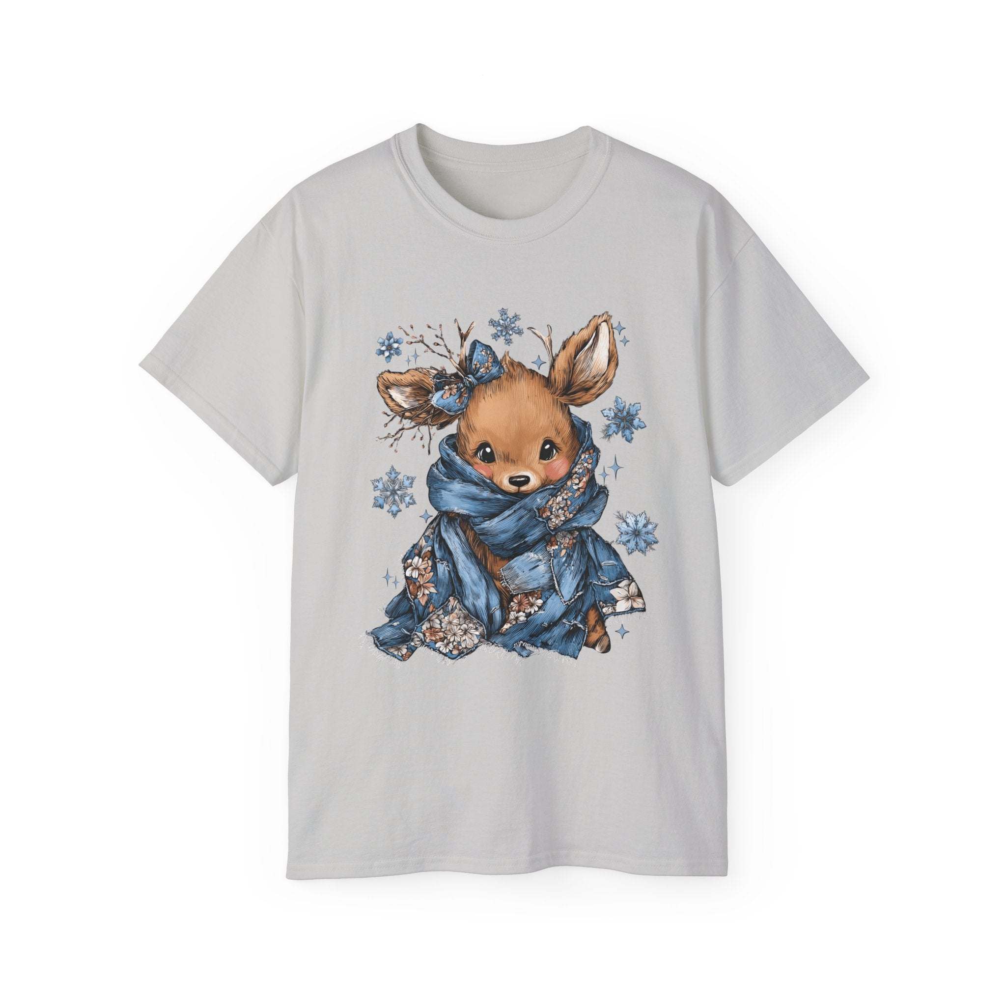 White t-shirt with retro patchwork reindeer design wearing blue scarf and surrounded by snowflakes
