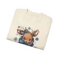White t-shirt with retro patchwork reindeer design wearing blue scarf and surrounded by snowflakes