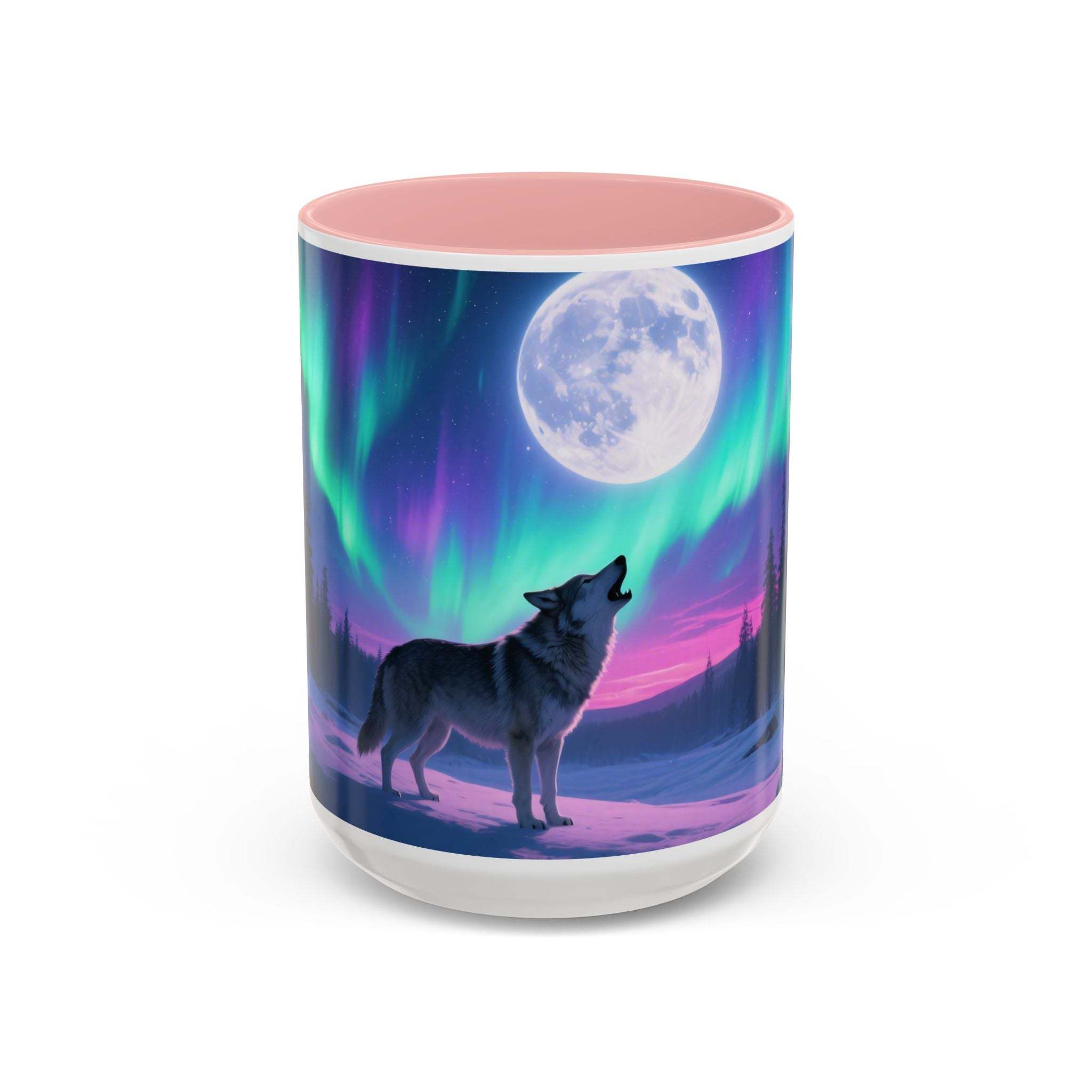 Tumbler with a wolf and Northern Lights design on a white background