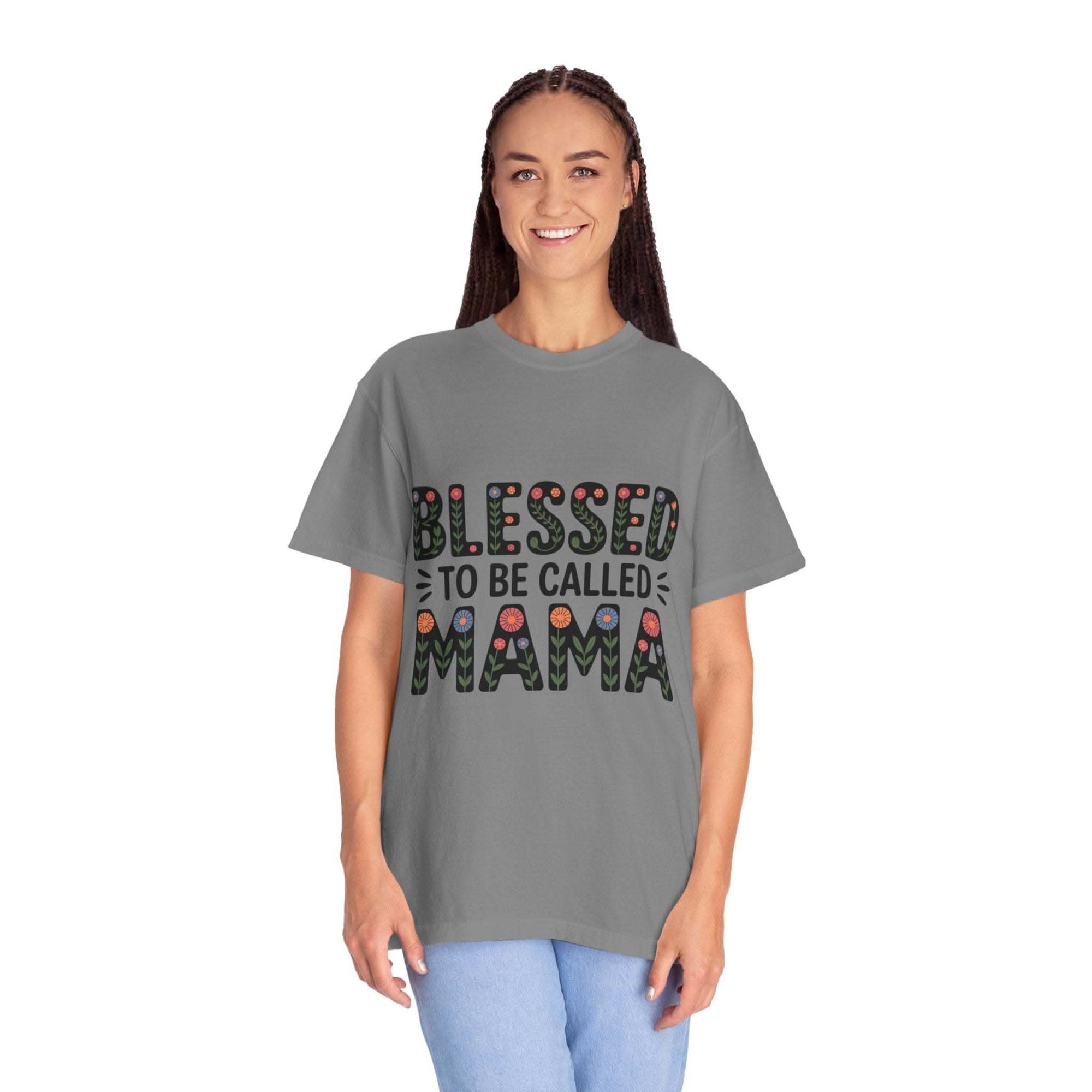 Floral "Blessed To Be Called Mama" T-Shirt with vintage wash and floral lettering celebrating motherhood