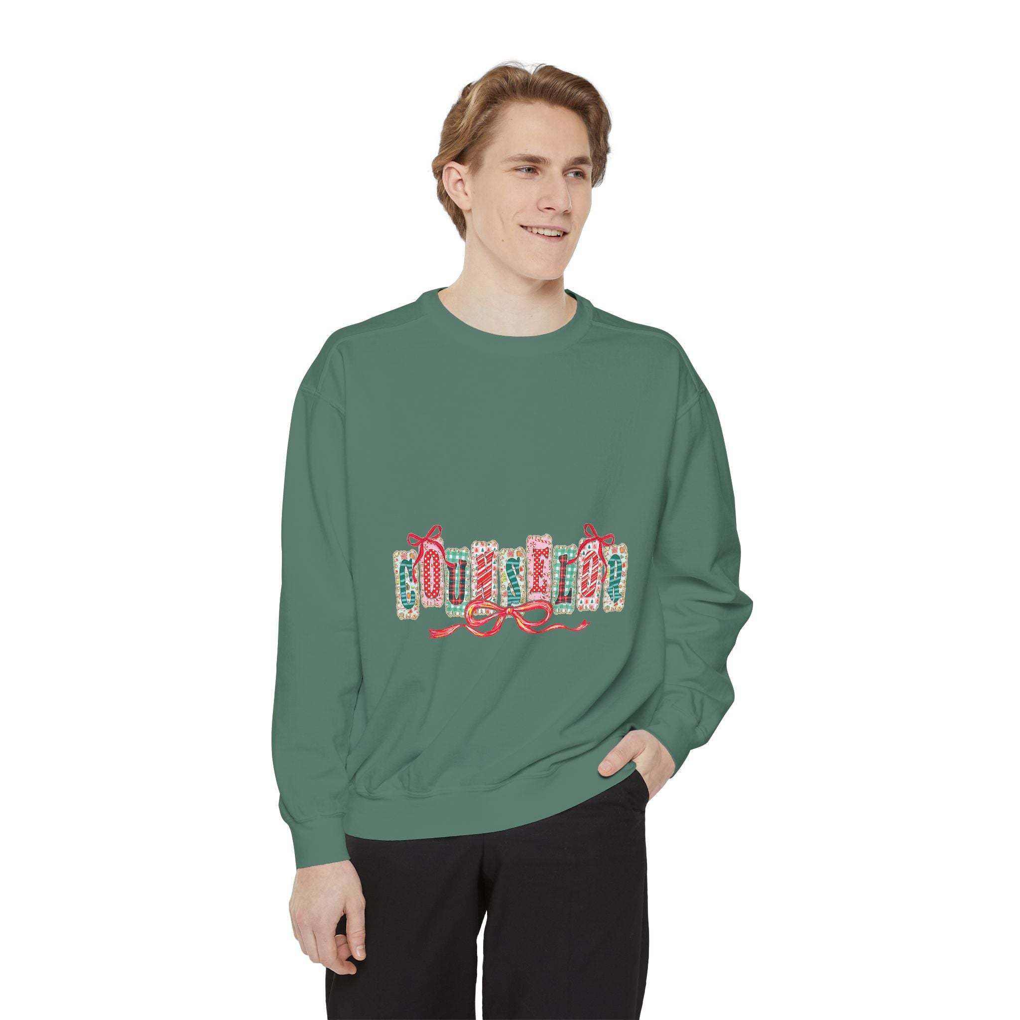 Garment-dyed True Navy sweatshirt with festive Christmas design, perfect for holiday gifting, by Printify