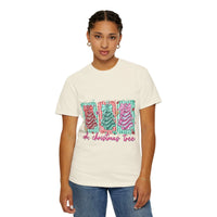 Oh Christmas Tree T-shirt with colorful decorated Christmas trees on cream garment-dyed fabric