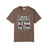 Brown t-shirt with pool cue and ball design on a white background