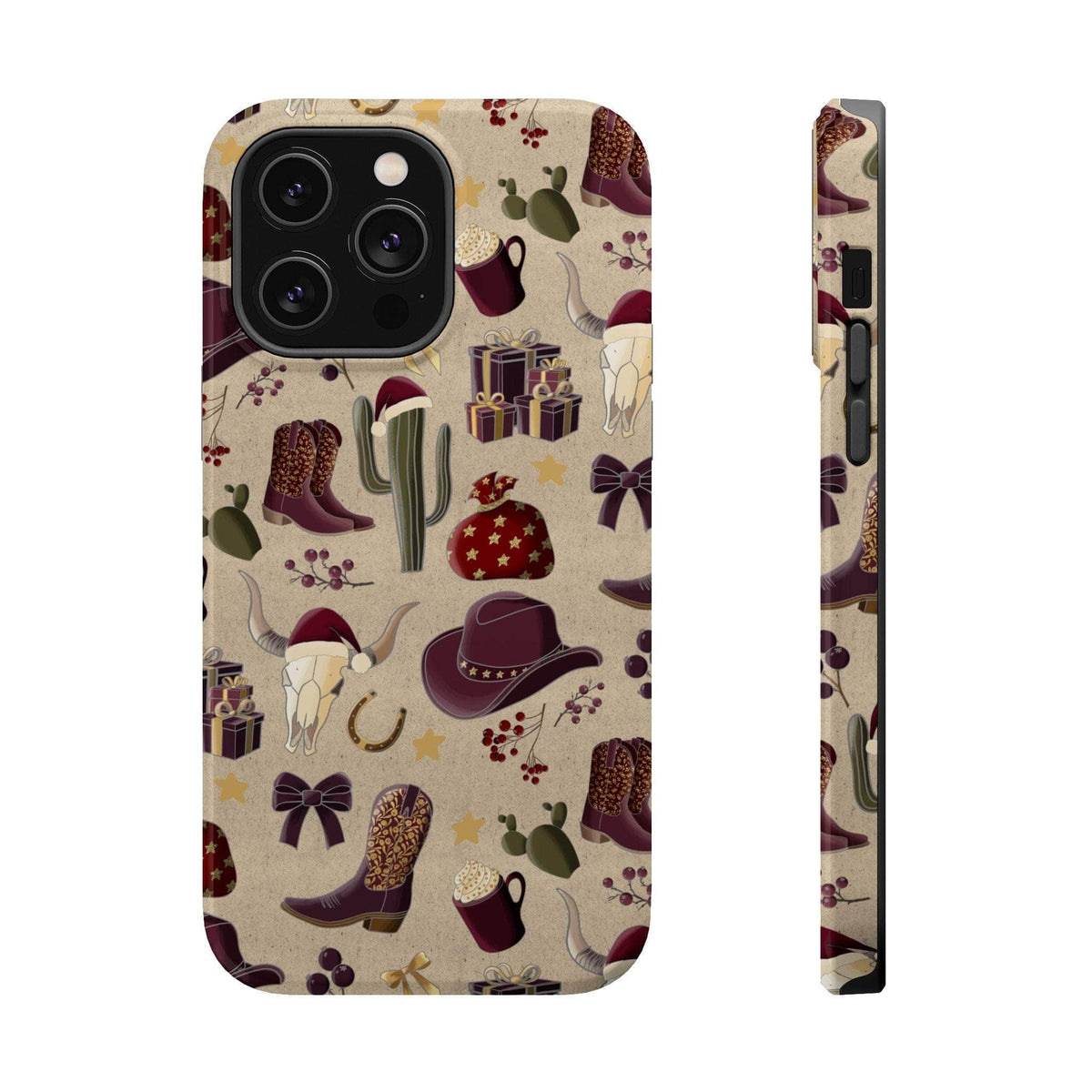 Cowboy Christmas design phone case for iPhone 17 in glossy finish by Printify, featuring festive colors and patterns.