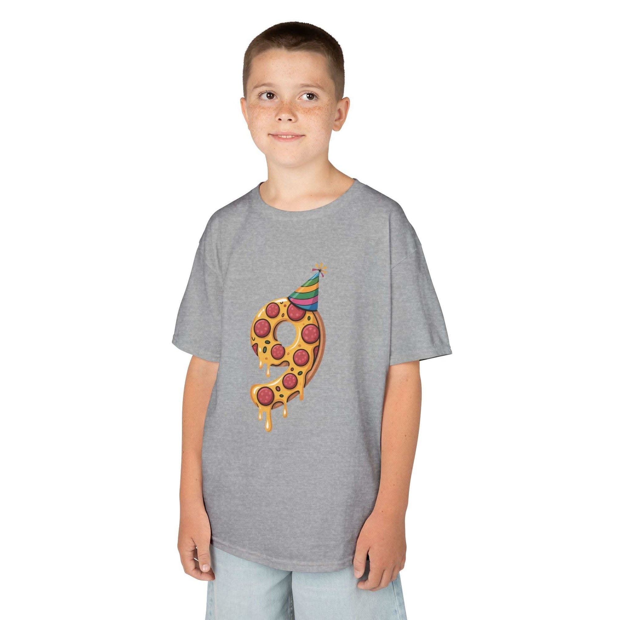 Kids 9th birthday pizza slice tee with party hat graphic on soft cotton shirt
