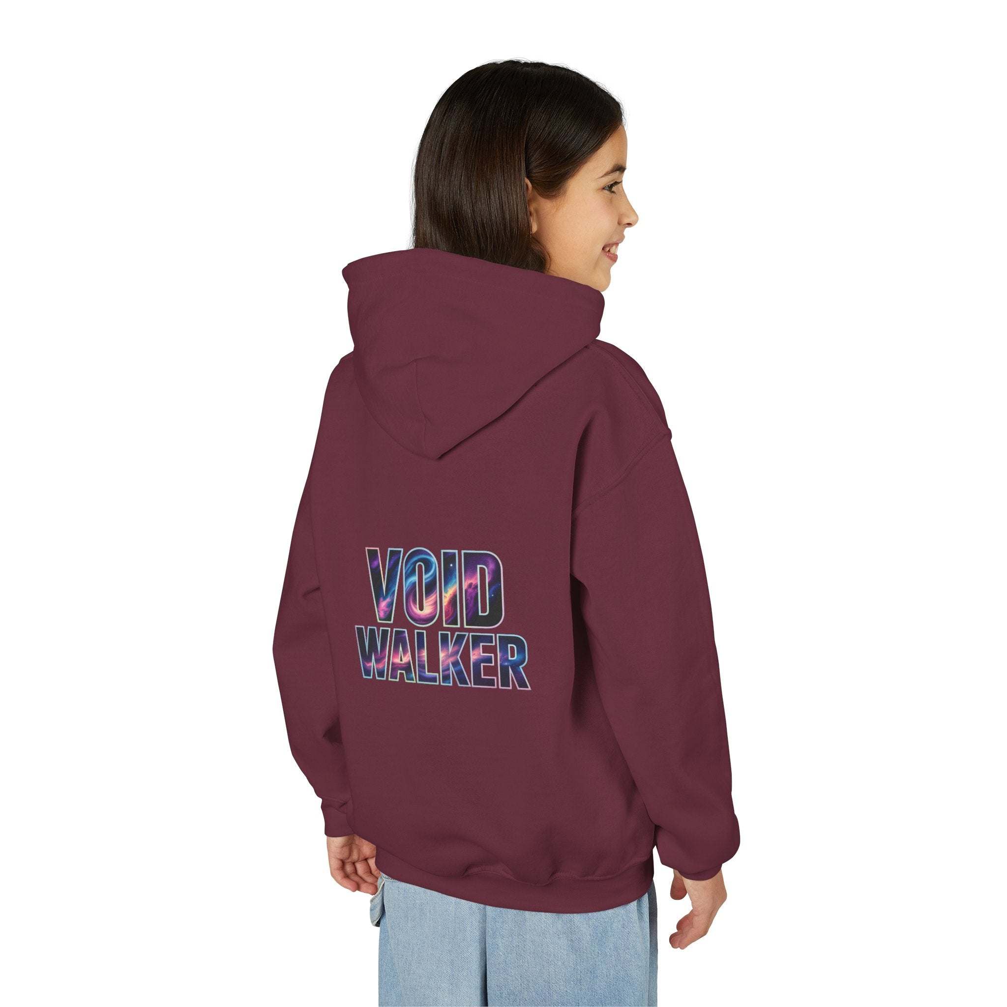 Kid wearing maroon Galaxy Hoodie with Void Walker galaxy print on back