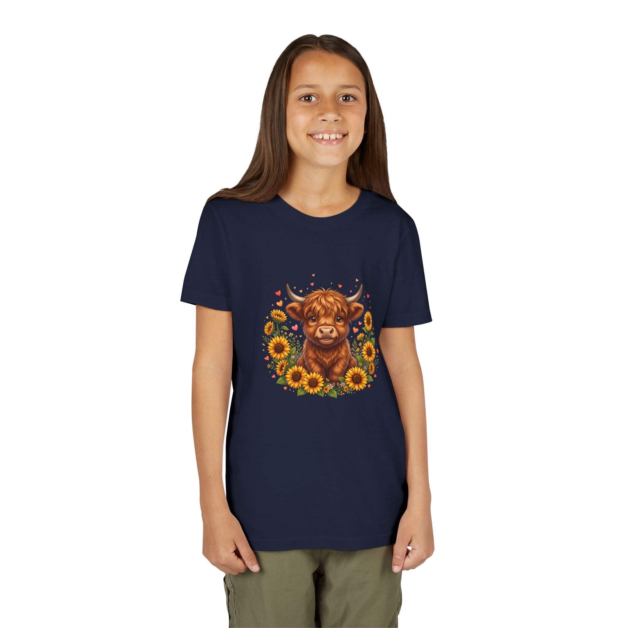 Highland Cow with Sunflowers Youth Tee | Cute Calf Floral Kids Shirt