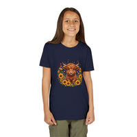 Youth tee featuring Highland Cow with Sunflowers design on soft cotton fabric