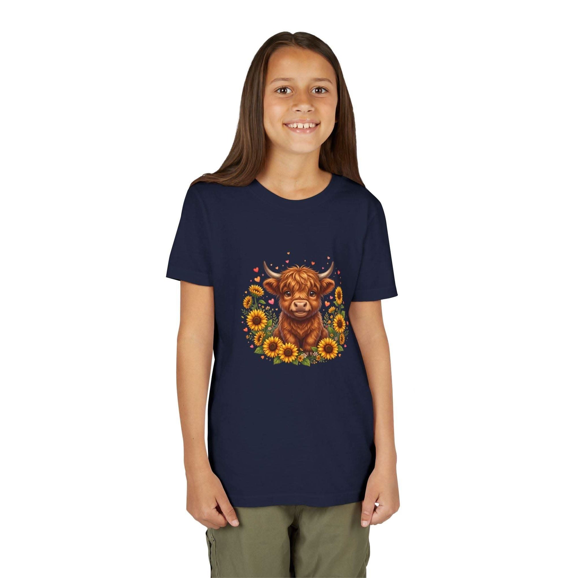 Youth tee featuring Highland Cow with Sunflowers design on soft cotton fabric