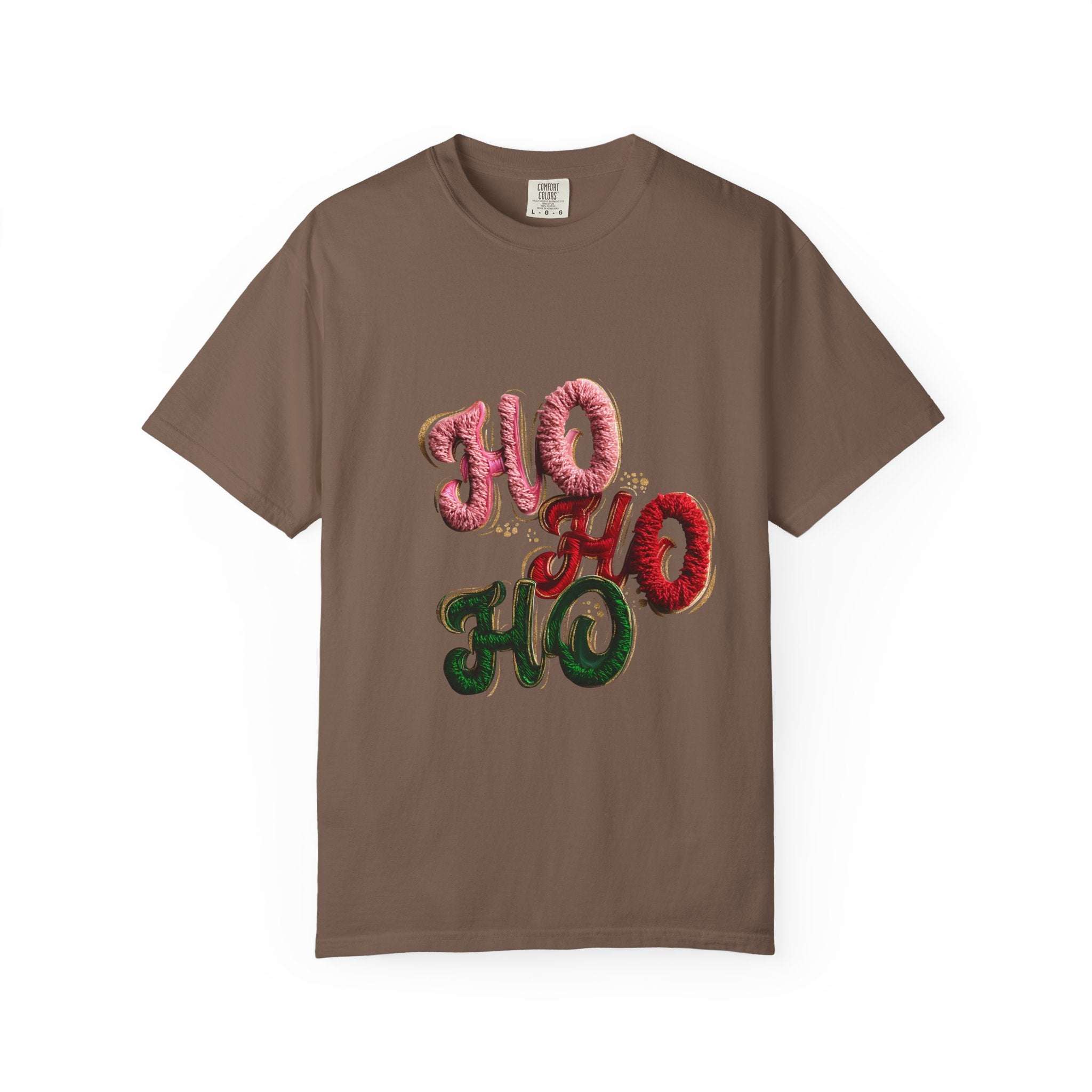 White Christmas graphic tee featuring faux puffy crochet 'Ho, Ho, Ho' design by Printify